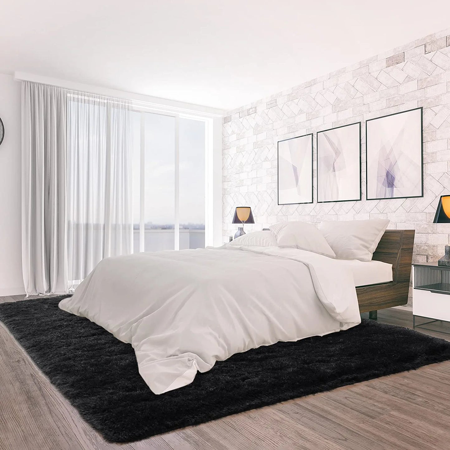 Modern Fluffy Area Rug 5X8 Feet Black Rug Plush Rugs for Living Room Bedroom Shag Rugs Dorm Decor for College Kid Rug Fuzzy Carpet for Boys Girls Home Decor Large Throw Rug Non-Slip