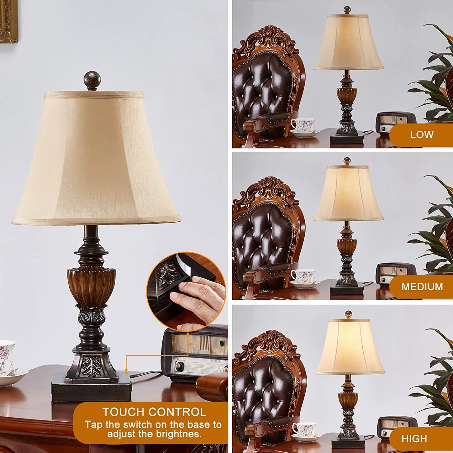 Drawealth Touch Control Traditional Table Lamp Set of 2,3-Way Dimmable Farmhouse Bedside Table Lamps with 2 USB Charging Ports Vintage Rustic Table Lamps for Living Room Bedroom Office Study