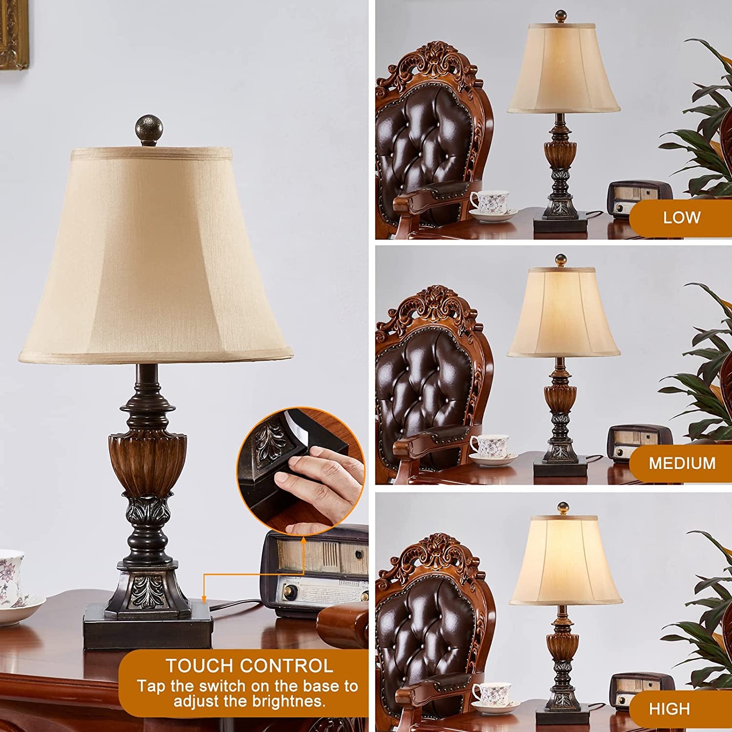 Drawealth Touch Control Traditional Table Lamp Set of 2,3-Way Dimmable Farmhouse Bedside Table Lamps with 2 USB Charging Ports Vintage Rustic Table Lamps for Living Room Bedroom Office Study
