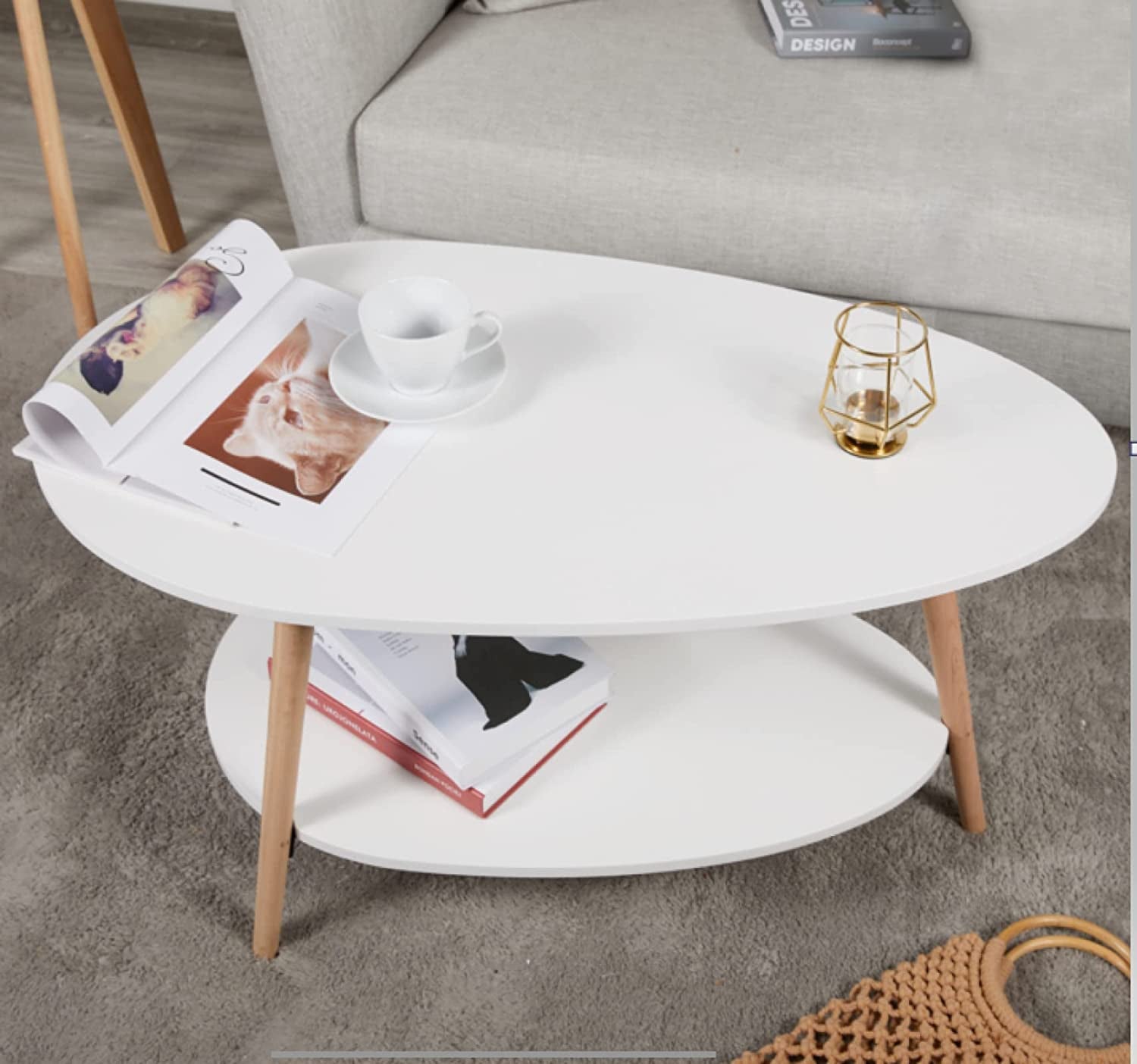 Coffee Table-Oval Wood Coffee Table with Open Shelving for Storage and Display 2 Tier Sofa Table, Small Modern Furniture for Living Room&Home Office-White