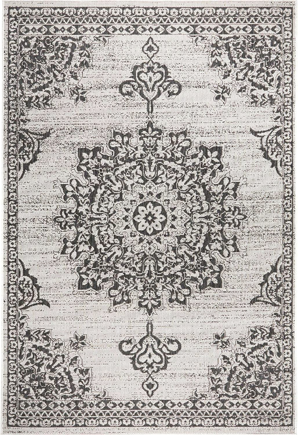 New York Patio Country Azalea Transitional Medallion Indoor/Outdoor Area Rug, Grey/Black, 5'2"X7'2"