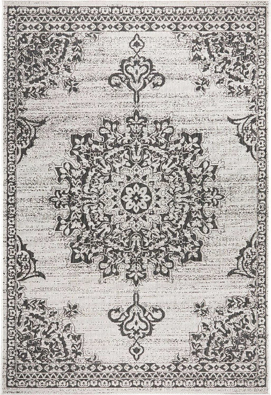 New York Patio Country Azalea Transitional Medallion Indoor/Outdoor Area Rug, Grey/Black, 5'2"X7'2"