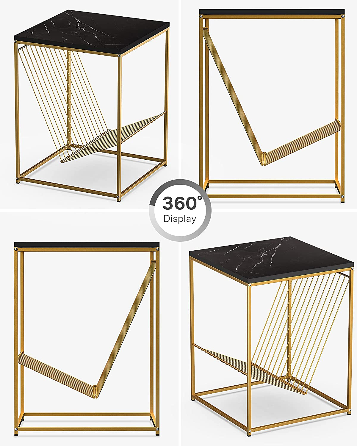 Modern Side End Tables with Faux Marble Top, Small Accent Coffee Table for Living Room Bedroom Balcony Family Nightstand (Black)