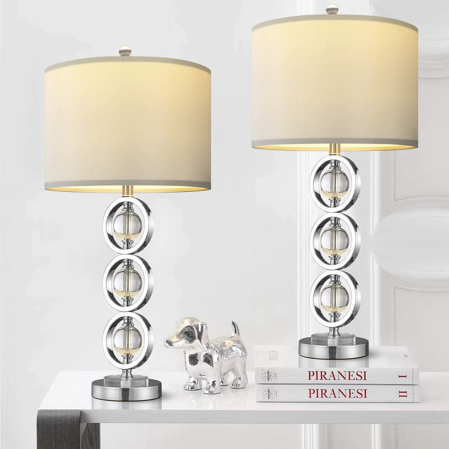 BOBOMOMO 26.5" Metal Crystal USB Table Lamps Set of 2 for Living Room Bedroom, Silver