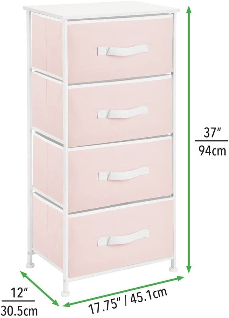 Mdesign Storage Dresser Furniture Unit - Tall Baby and Kid Standing Organizer Tower for Bedroom, Nursery, Playroom, and Closet - 4 Drawer Removable Fabric Bins - Pink/White