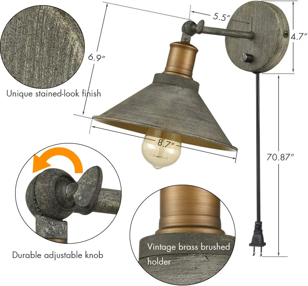 JEENKAE Vintage Swing Arm Wall Sconces Hardwired or Plug-In Bedroom Bath Wall Lamps Set of 2