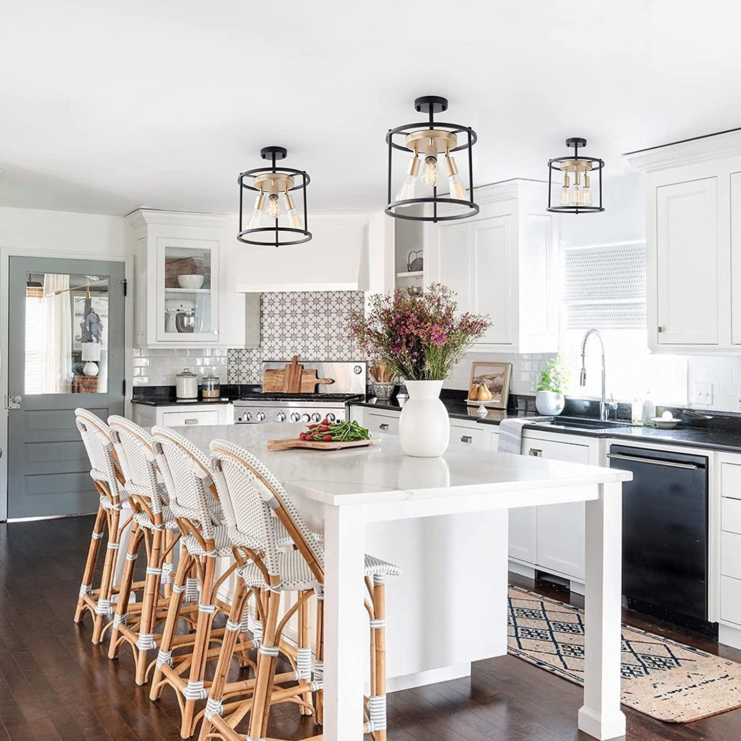 Industrial Semi Flush Mount Ceiling Light Fixture, 3-Light Farmhouse Vintage Black Ceiling Lamp with Adjustable Socket, Rustic Chandelier Metal Cage Shade for Kitchen Hallway Entryway Passway Bedroom