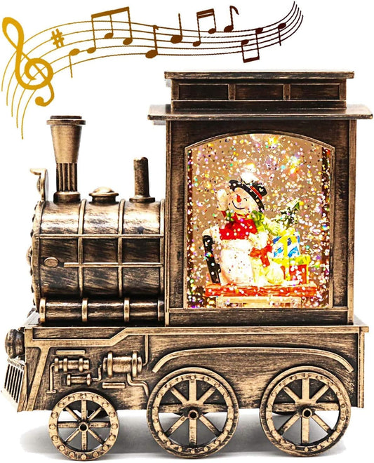 Christmas Lighted Water Lantern Glittering, Musical Xmas Snow Globe Battery Operated & USB Powered, Singing Water Globe with 8 Songs & 6 Hr Timer for Kids, Scene Snowman in Bronze Train for Home Decor