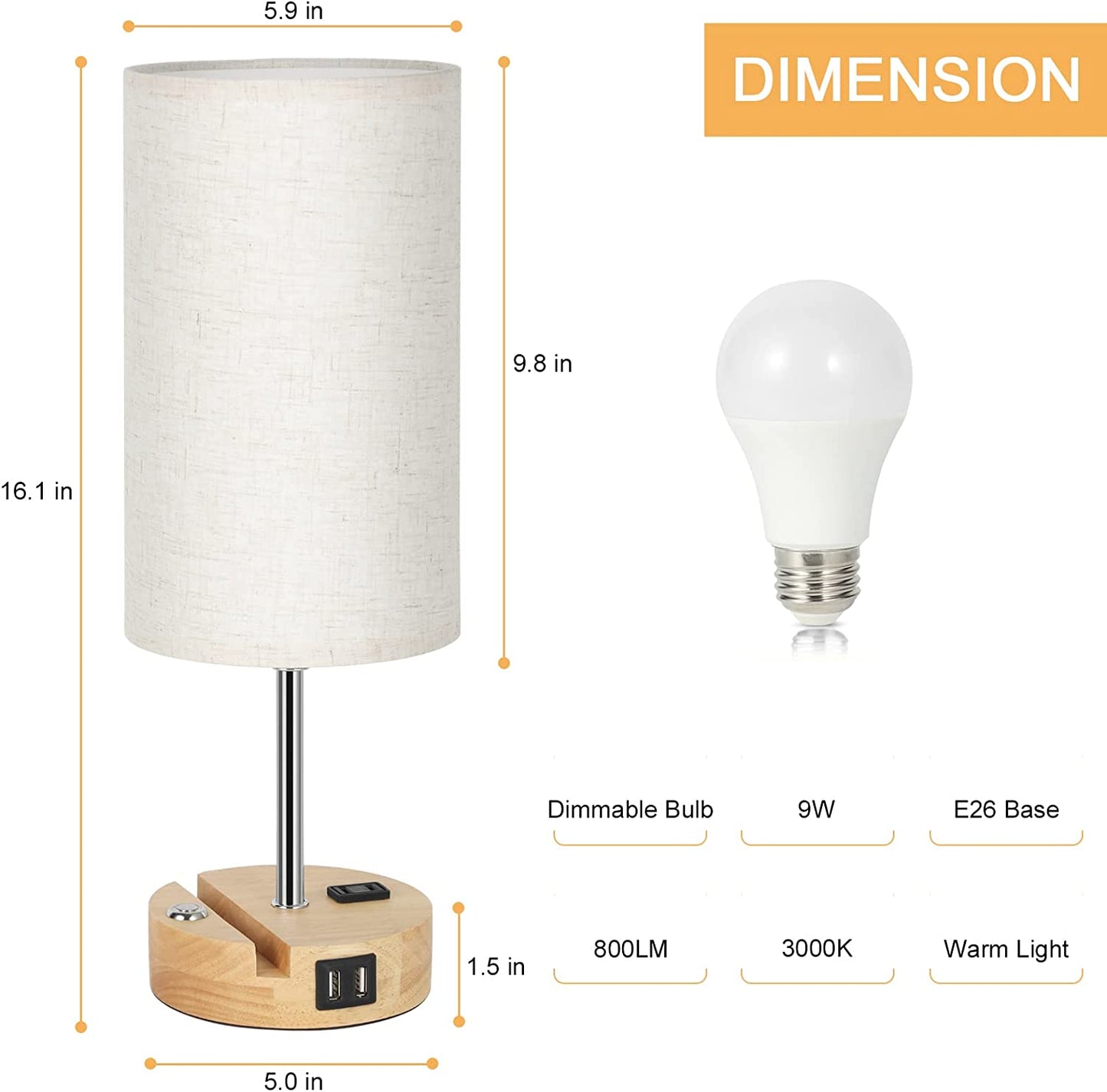 Bedside Lamps Set of 2 with USB Ports and AC Outlet, Wood Small Table Lamps with Phone Holder and E26 Bulbs, 3 Way Dimmable Nightstand Lamps for Bedroom Living Room Reading (Light Brown, Beige)