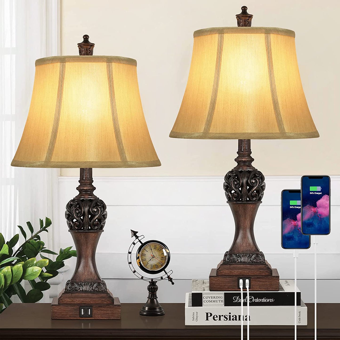Set of 2 Touch Control 3-Way Dimmable Table Lamps with 2 USB Charging Ports Traditional Bedside Lamps with Bell Shape Faux Silk Shade & Brown Base for Bedroom Nightstand Living Room LED Bulbs Included