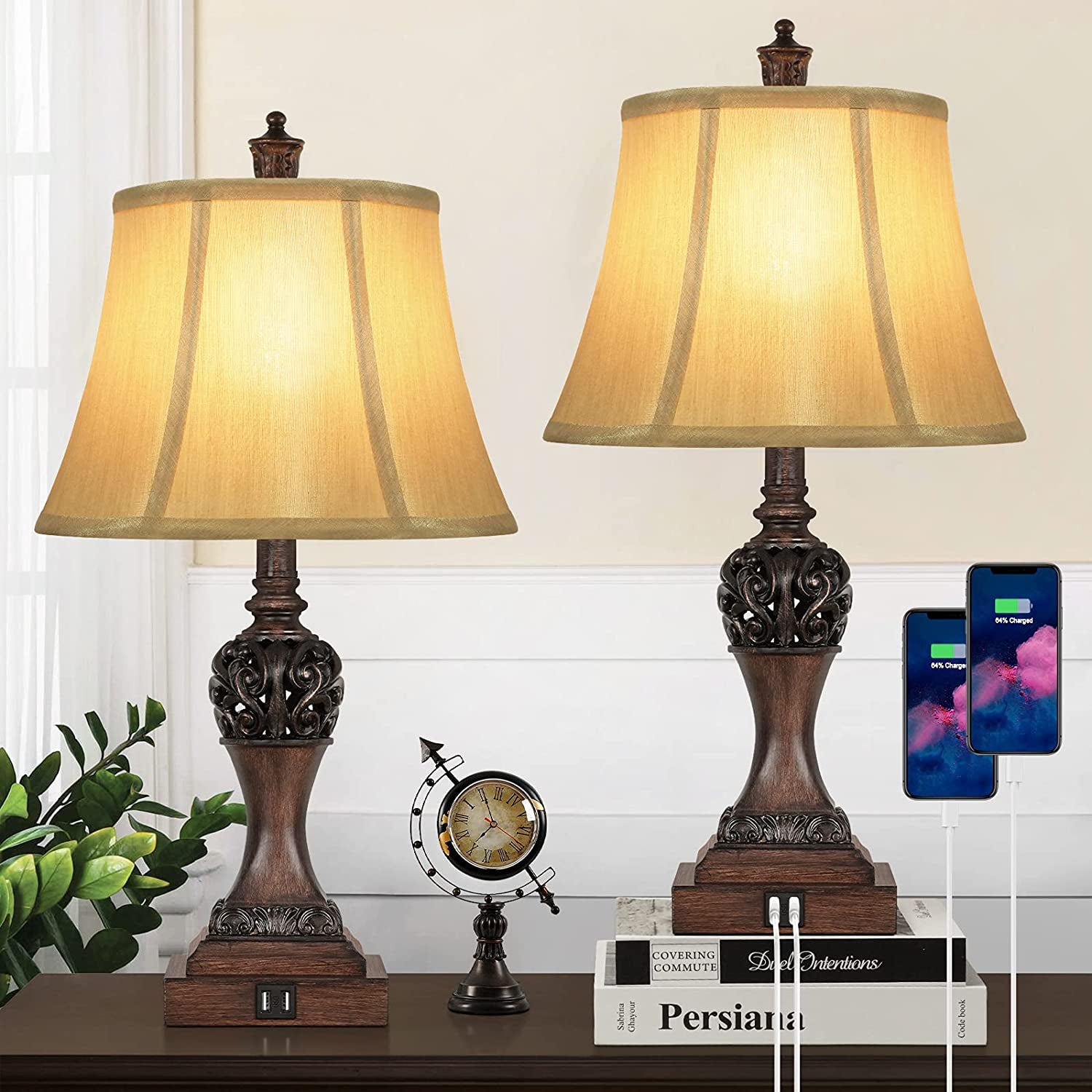 Set of 2 Touch Control 3-Way Dimmable Table Lamps with 2 USB Charging Ports Traditional Bedside Lamps with Bell Shape Faux Silk Shade & Brown Base for Bedroom Nightstand Living Room LED Bulbs Included