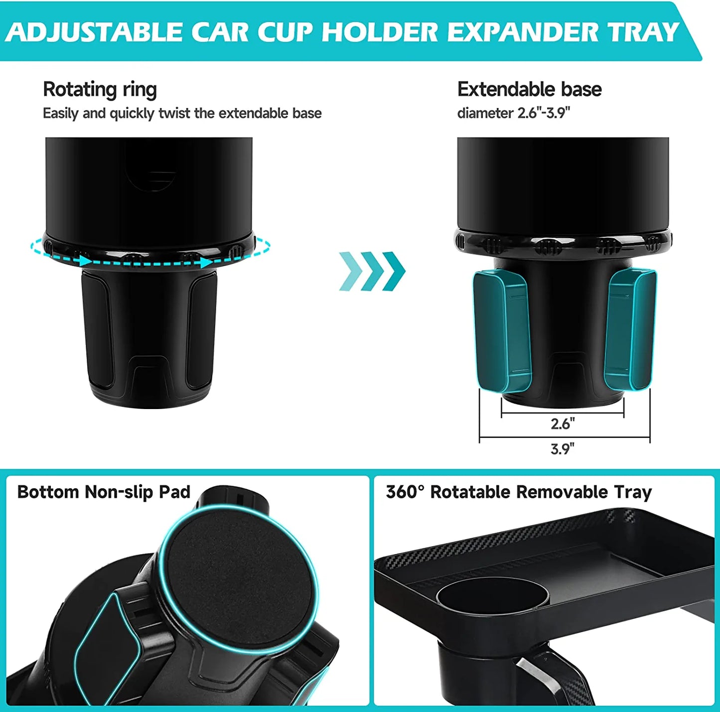 Car Cup Holder Expander Tray New Version  Multifunctional Automotive Cup Attachable Tray with 360°Rotation Detachable Tray Table Adjustable Base, Adapt 16-32Oz Cup/Bottles/Drink