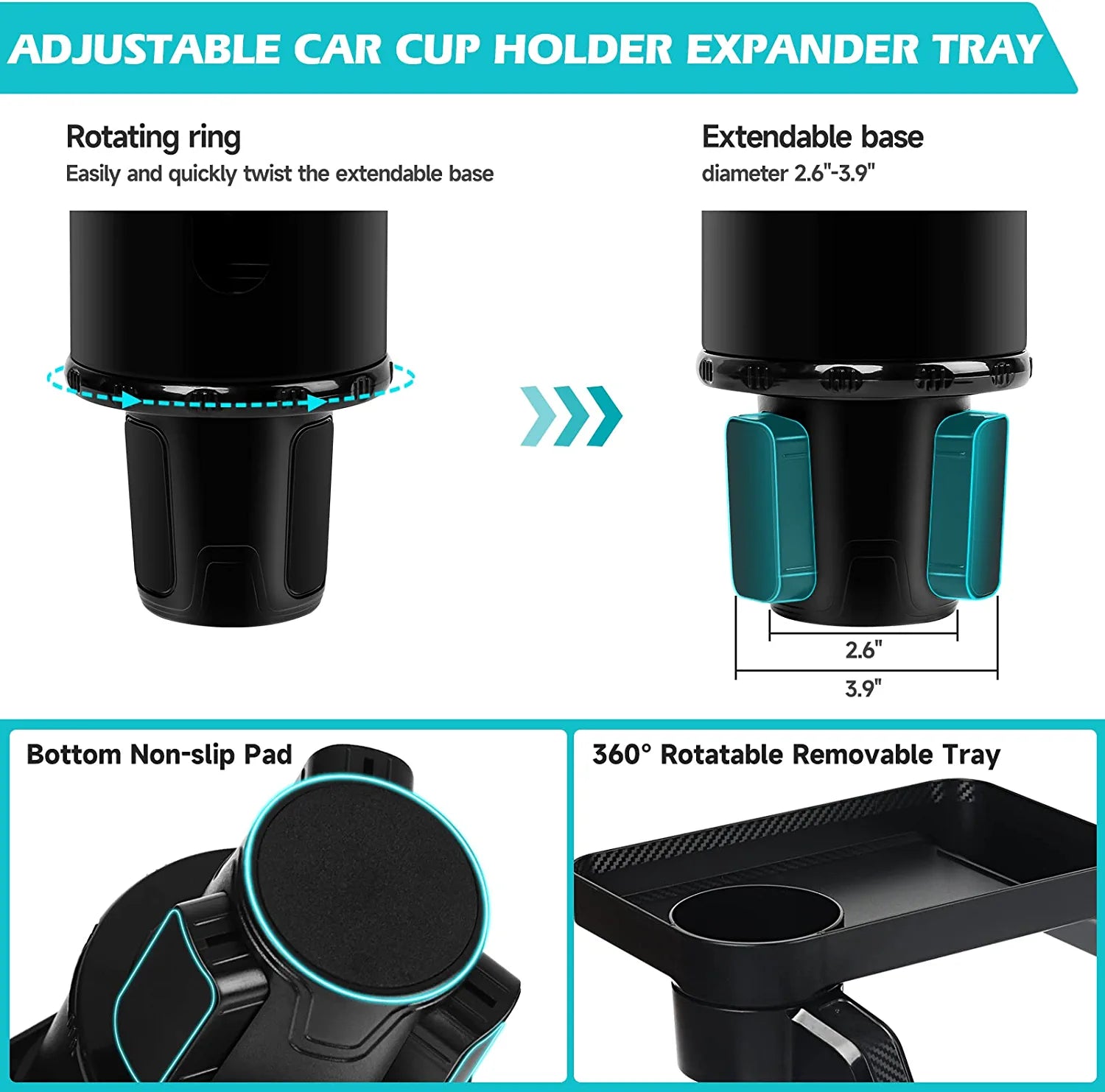 Car Cup Holder Expander Tray New Version  Multifunctional Automotive Cup Attachable Tray with 360°Rotation Detachable Tray Table Adjustable Base, Adapt 16-32Oz Cup/Bottles/Drink