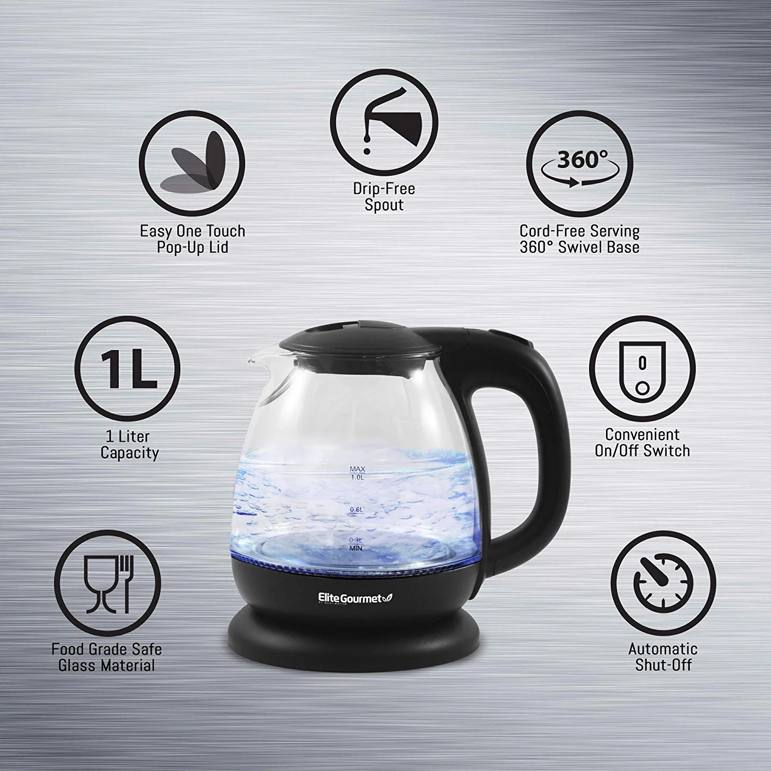 EKT1001B Electric 1.0L Bpa-Free Glass Kettle Cordless 360° Base, Stylish Blue LED Interior, Handy Auto Shut-Off Function – Quickly Boil Water for Tea & More, Graphite Black