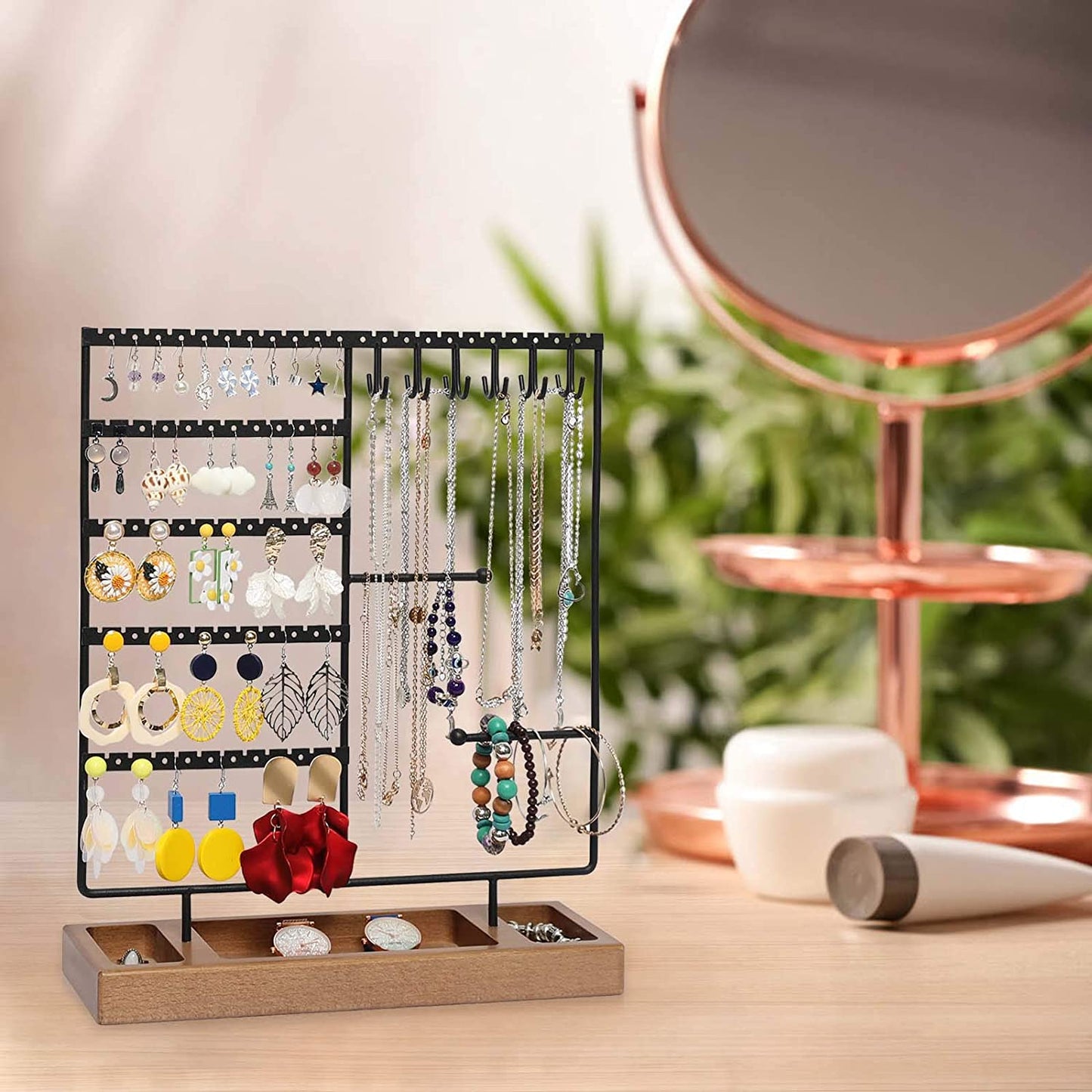 X-Cosrack Earring Holder,5-Tier Ear Stud Holder with Wooden Tray,Jewelry Organizer Holder for Earrings Necklaces Bracelets Watches and Rings,Earring Display Stand with 132 Holes,Black