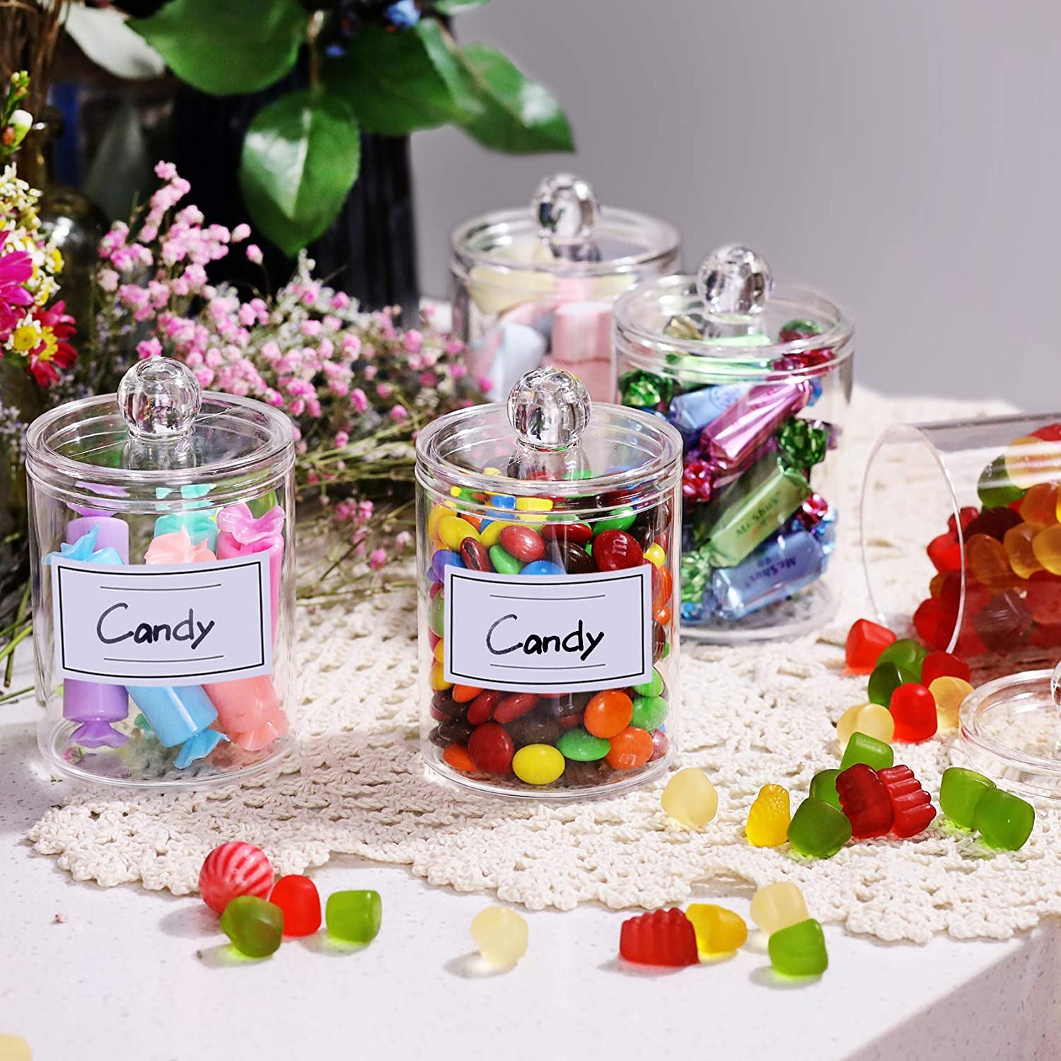 4 Pcs, 10 OZ Qtip Holder Dispenser for Cotton Ball, Cotton Swab, Cotton round Pads, Floss - Clear Plastic Apothecary Jar Set for Bathroom Canister Storage Organization, Vanity Makeup Organizer