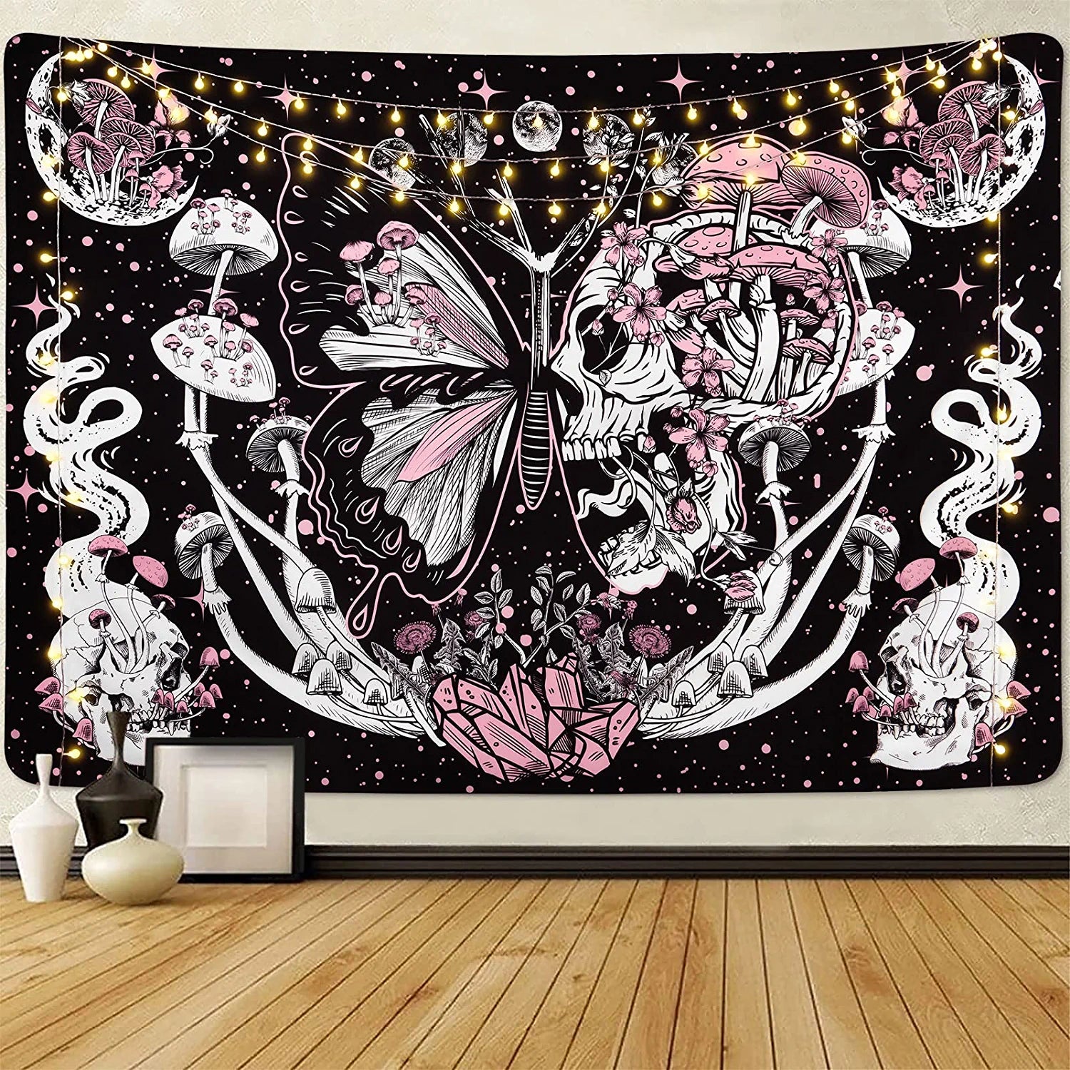 Skull Tapestry Hippie Mushroom Tapestries Aesthetic Moth Tapestry Moon and Stars Tapestry Snake Tapestry Wall Hanging for Room(51.2 X 59.1 Inches)