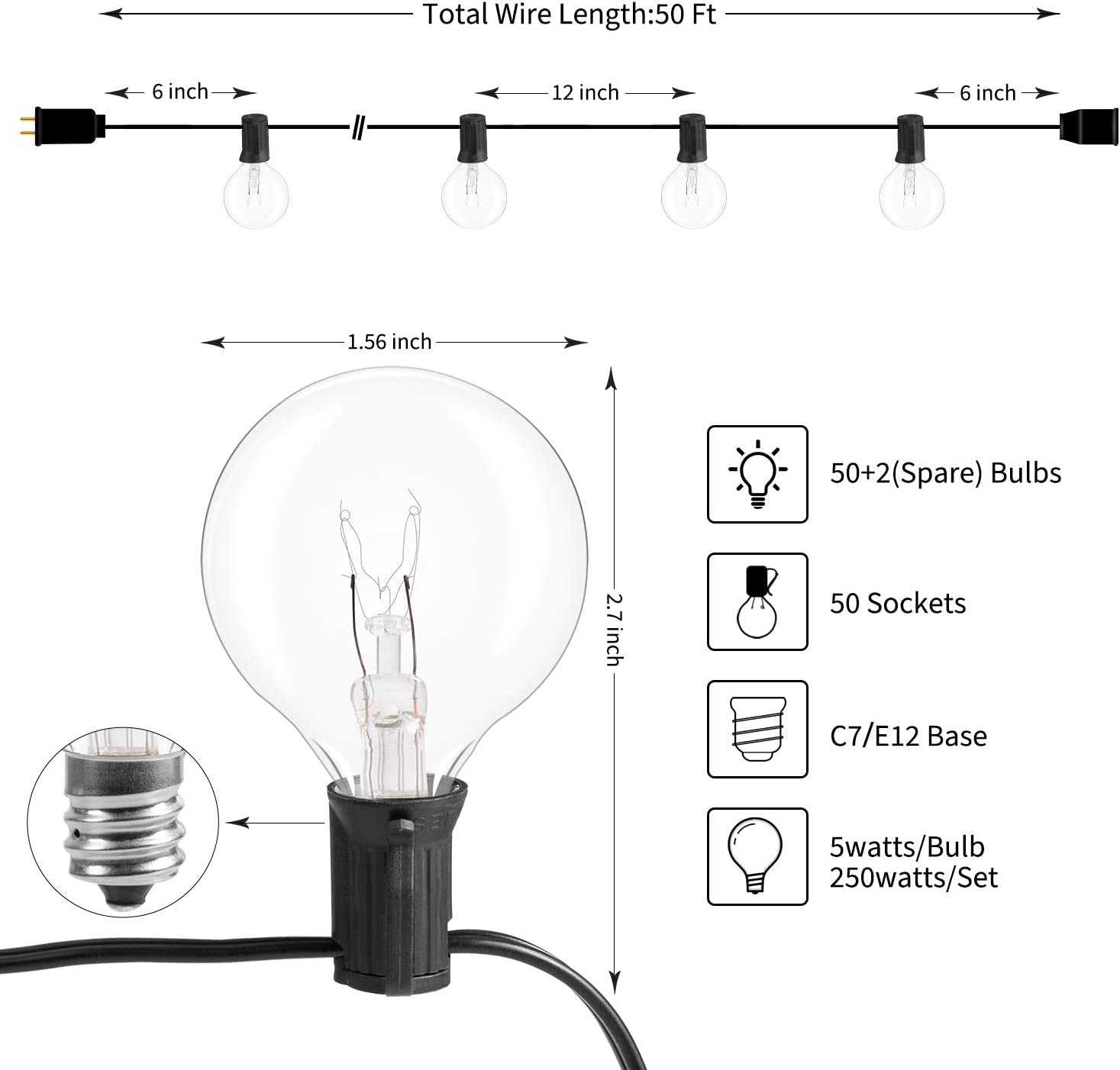 Outdoor String Light 50Feet G40 Globe Patio Lights with 52 Edison Glass Bulbs(2 Spare), Waterproof Connectable Hanging Light for Backyard Porch Balcony Party Decor, E12 Socket Base, Black
