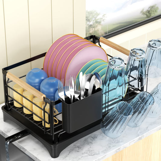 Dish Drying Rack, Dish Rack for Kitchen Counter, Rust-Proof Dish Drainer with Drying Board and Utensil Holder for Kitchen Counter Cabinet, 16.6” L× 12.6”W× 7.8”H, Black