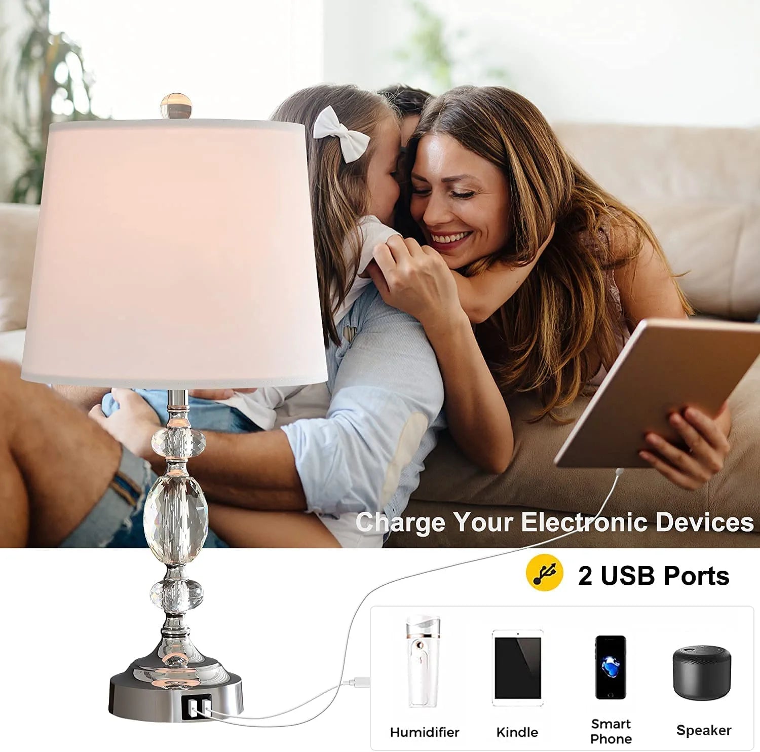 Crystal Table Lamps Set of 2 with Dual USB Charging Ports, Stacked Crystal Ball Nightstand Lamp with White Fabric Shade, Perfect Elegant Bed Lamp for Bedroom, Living Room, Office( Silver)