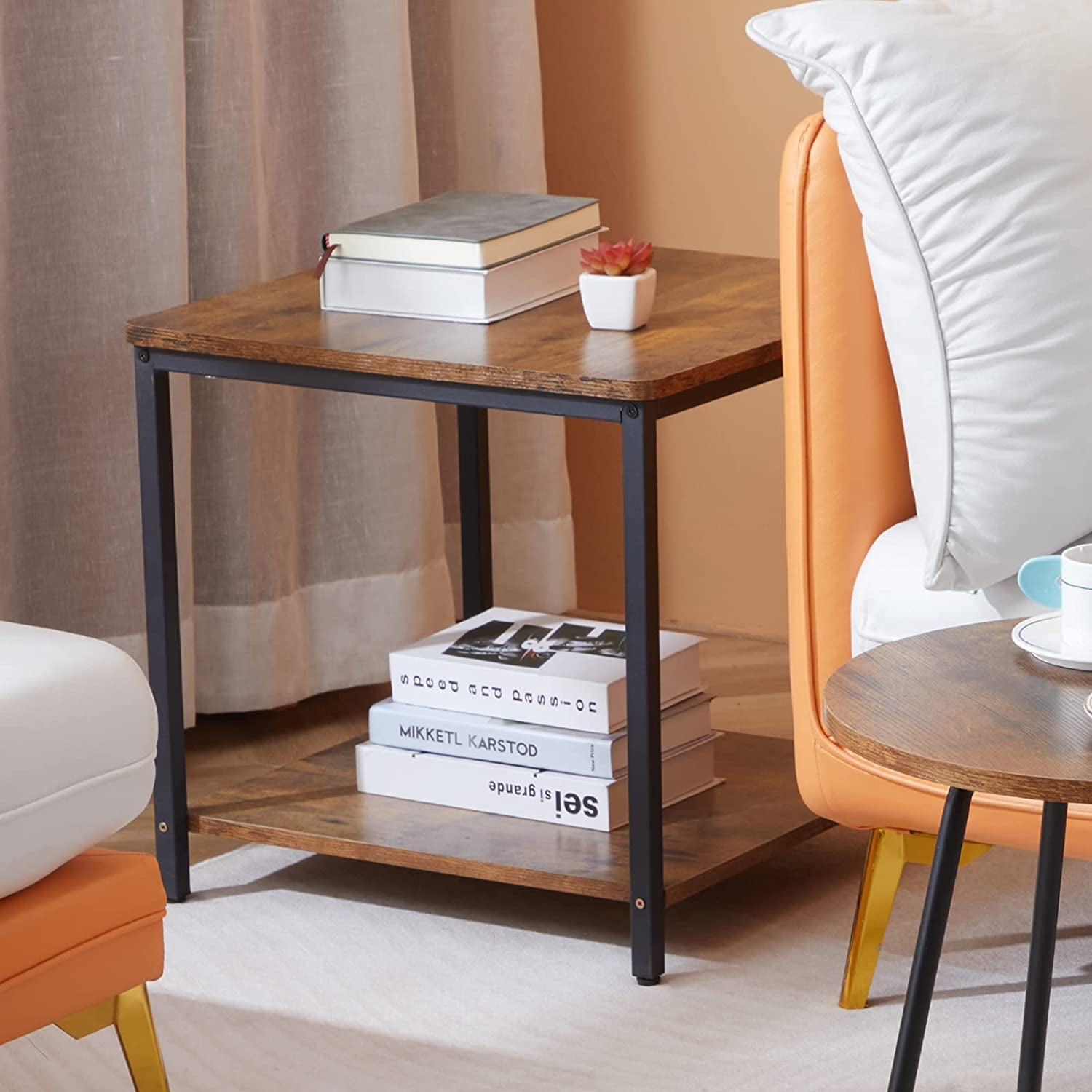 Side Table 20 Inch Square Modern End Table, Night Stand with 2-Tier Storage Shelf, Living Room Small Coffee Table, Wood Finish Bedside Table for Bedroom