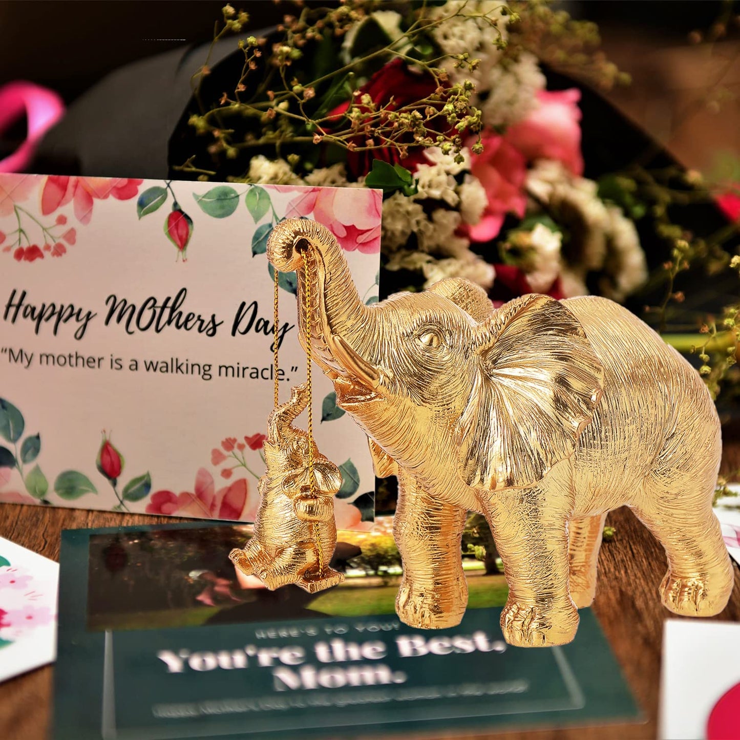 Gold Elephant Decor, Mother Elephant Statue Figurines for Home Decorations Gifts for Women