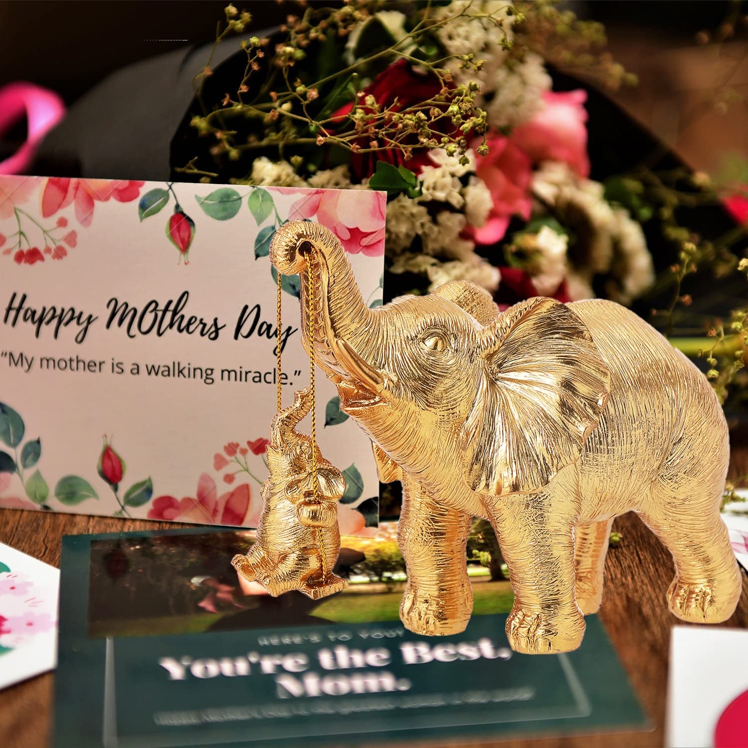 Gold Elephant Decor, Mother Elephant Statue Figurines for Home Decorations Gifts for Women