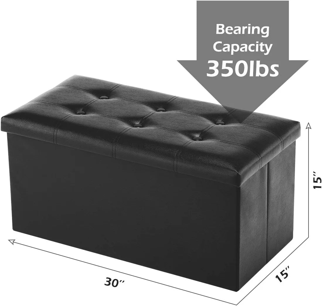 Youdesure Folding Storage Ottoman Bench, Faux Leather Footrest Couch for Living Room, 30 Inch Storage Bench with Padded Seat for Bedroom Hallway, Holds up to 350Lbs, Black