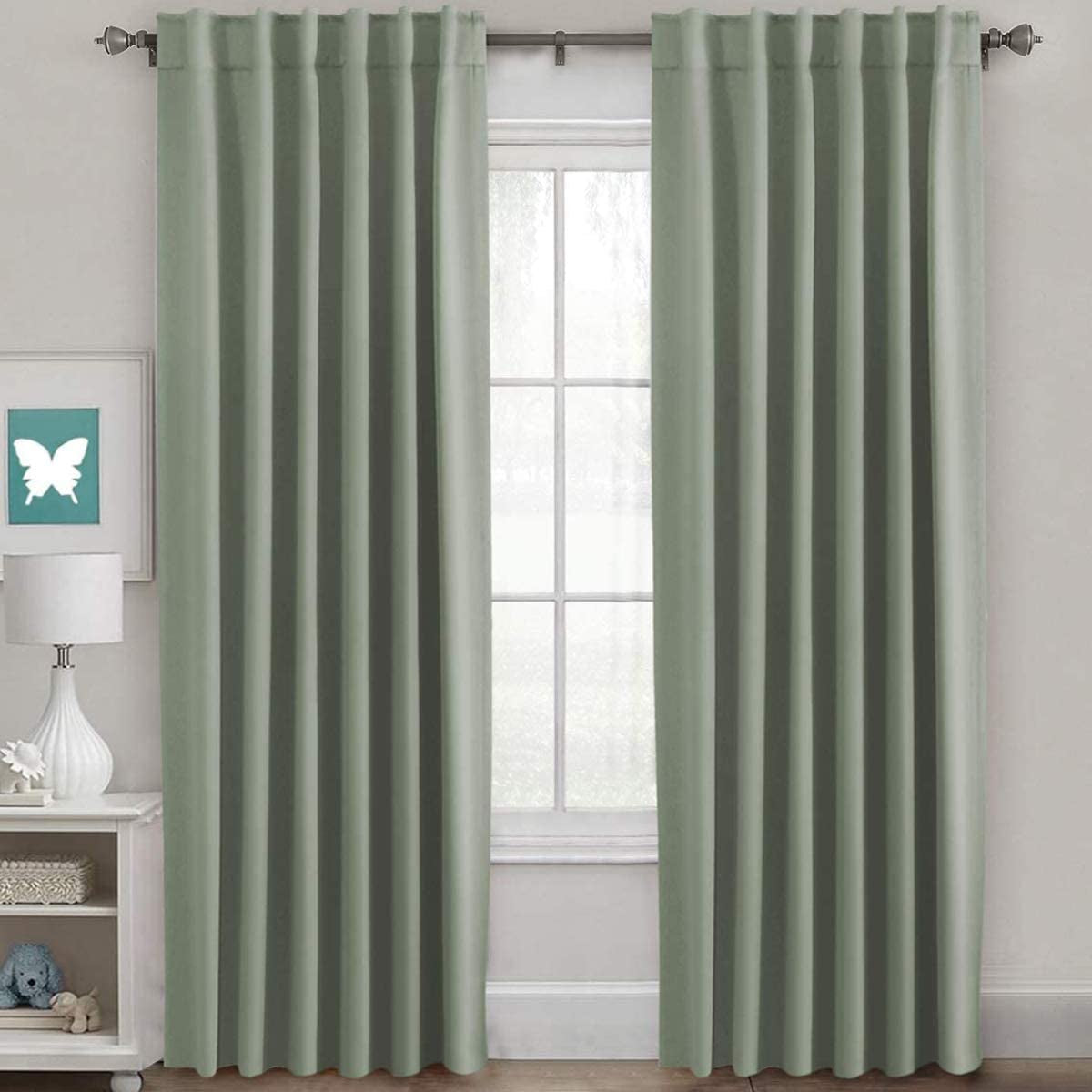 Blackout Curtains Thermal Insulated Window Treatment Panels Room Darkening Blackout Drapes for Living Room Back Tab/Rod Pocket Bedroom Draperies, 52 X 84 Inch, Light Sage, 2 Panels