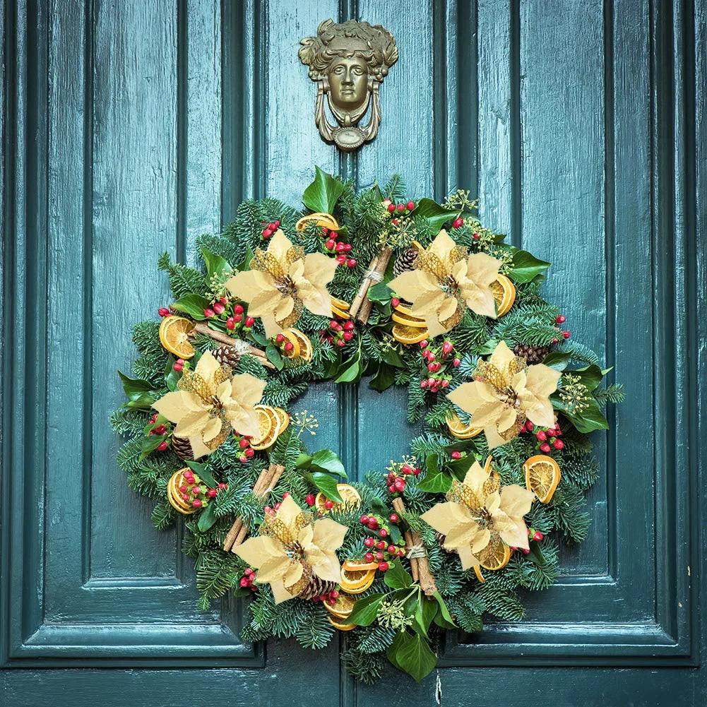 24 PCS Gold Poinsettia Artificial Flowers Glitter Christmas Tree Ornaments for Xmas Wedding Party Wreath Decoration