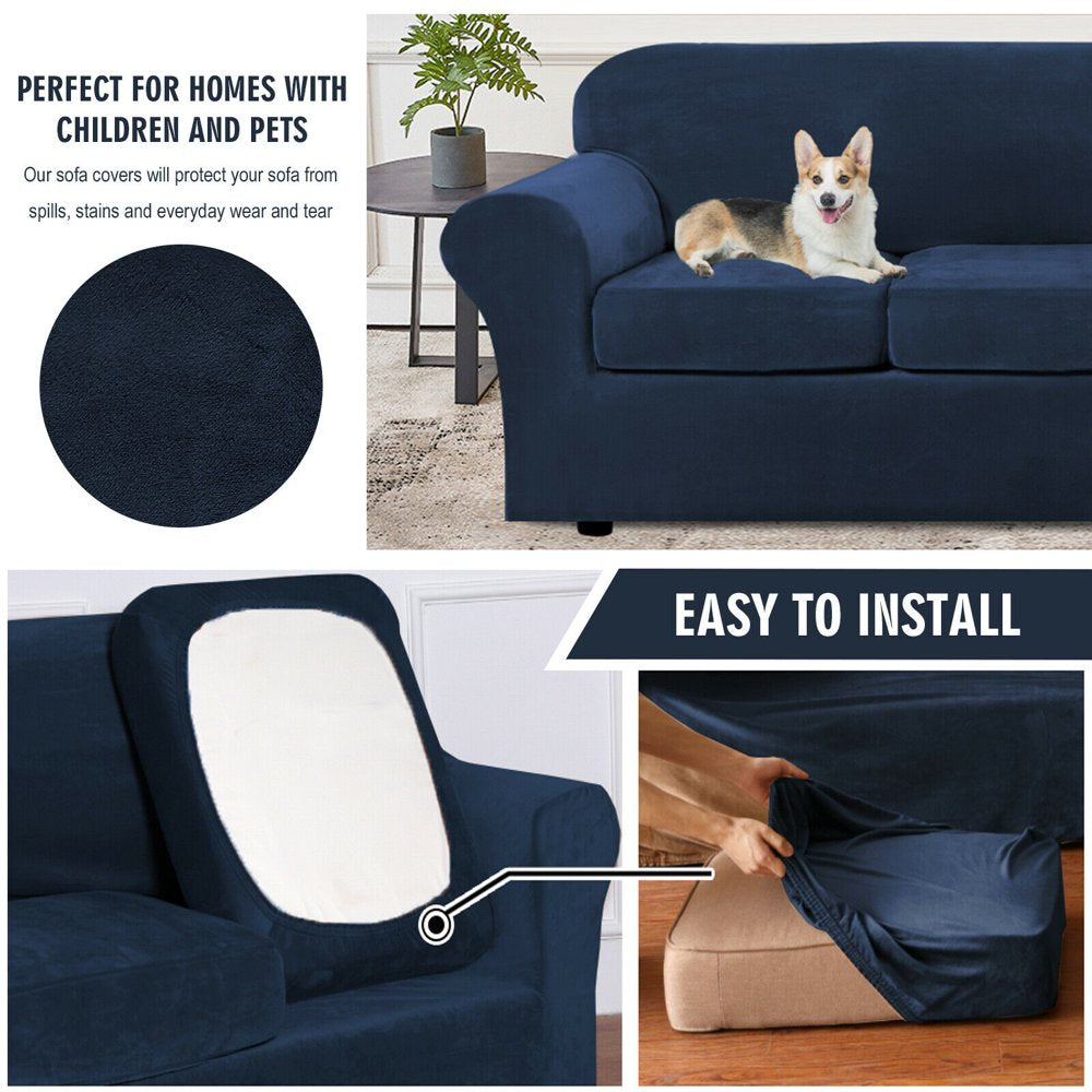 Velvet Plush 4 Piece Stretch Sofa Covers Couch Covers for 3 Cushion Couch 3 Seater Covers (Base Cover plus 3 Individual Cushion Covers) Feature Thick Soft Stay in Place