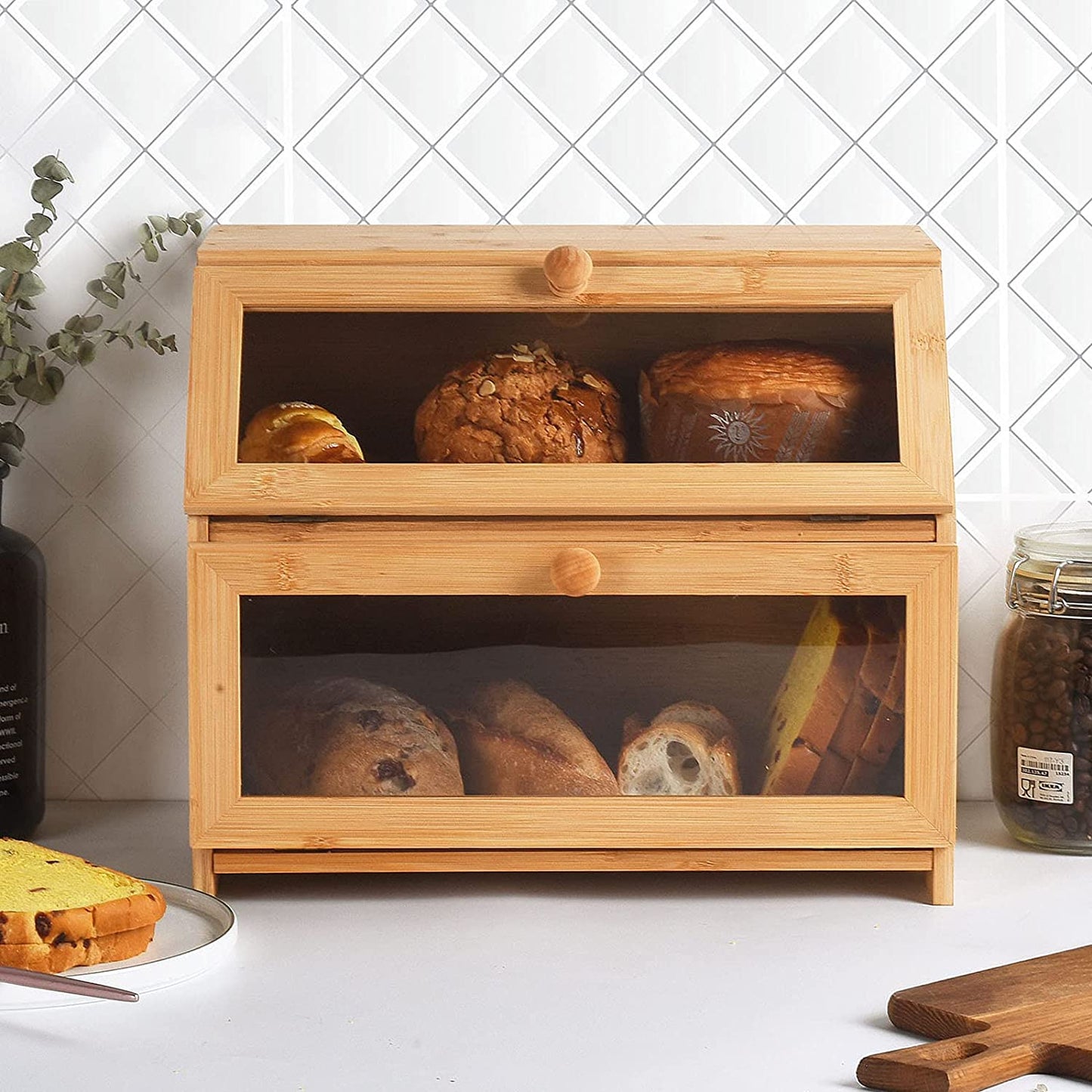 Double Compartment Bread Box - Extra Large Bamboo Bread Box for Kitchen Countertop, with Clear Window, Farmhouse Style Double Layer Bread Storage Bin Holder (Self-Assembly)