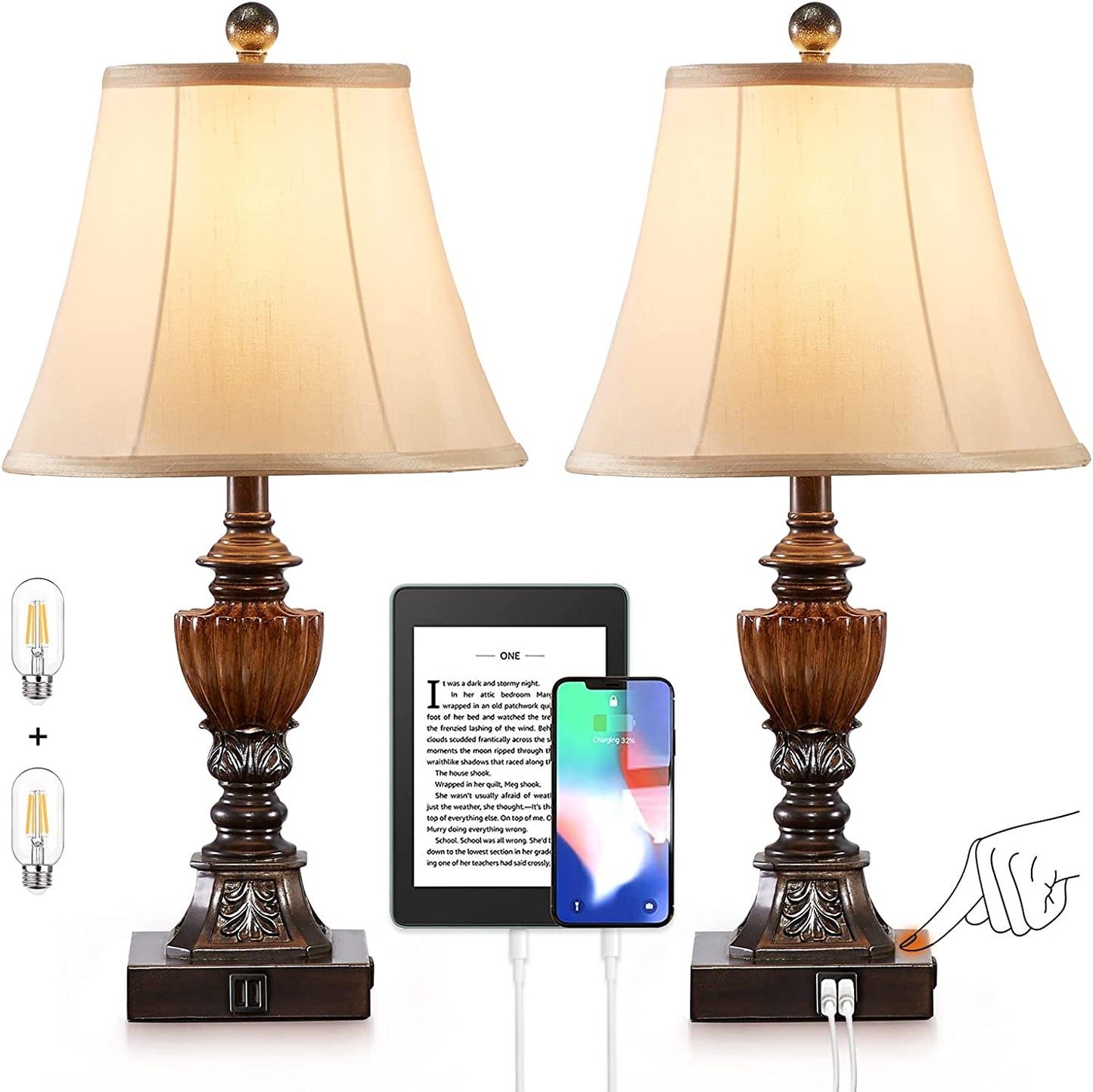 Drawealth Touch Control Traditional Table Lamp Set of 2,3-Way Dimmable Farmhouse Bedside Table Lamps with 2 USB Charging Ports Vintage Rustic Table Lamps for Living Room Bedroom Office Study