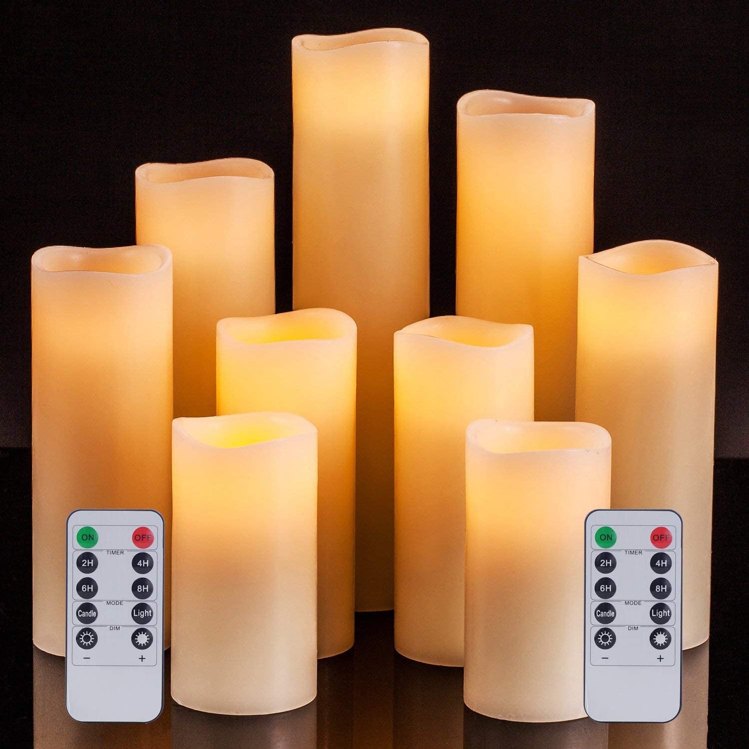 Battery Operated Flameless Candle Set of 9 Real Wax Pillar Decorative Led Fake Candles with Remote Control and Timer
