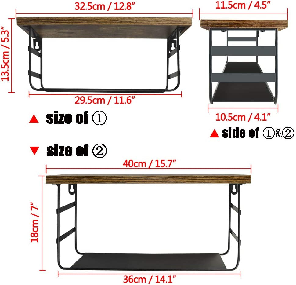 2 Tier Wall Mounted Shelf Set of 2, Wall Floating Shelves with Black Metal for Bedroom, Living Room, Bathroom, Laundry Room, Kitchen, 2 Different Sizes