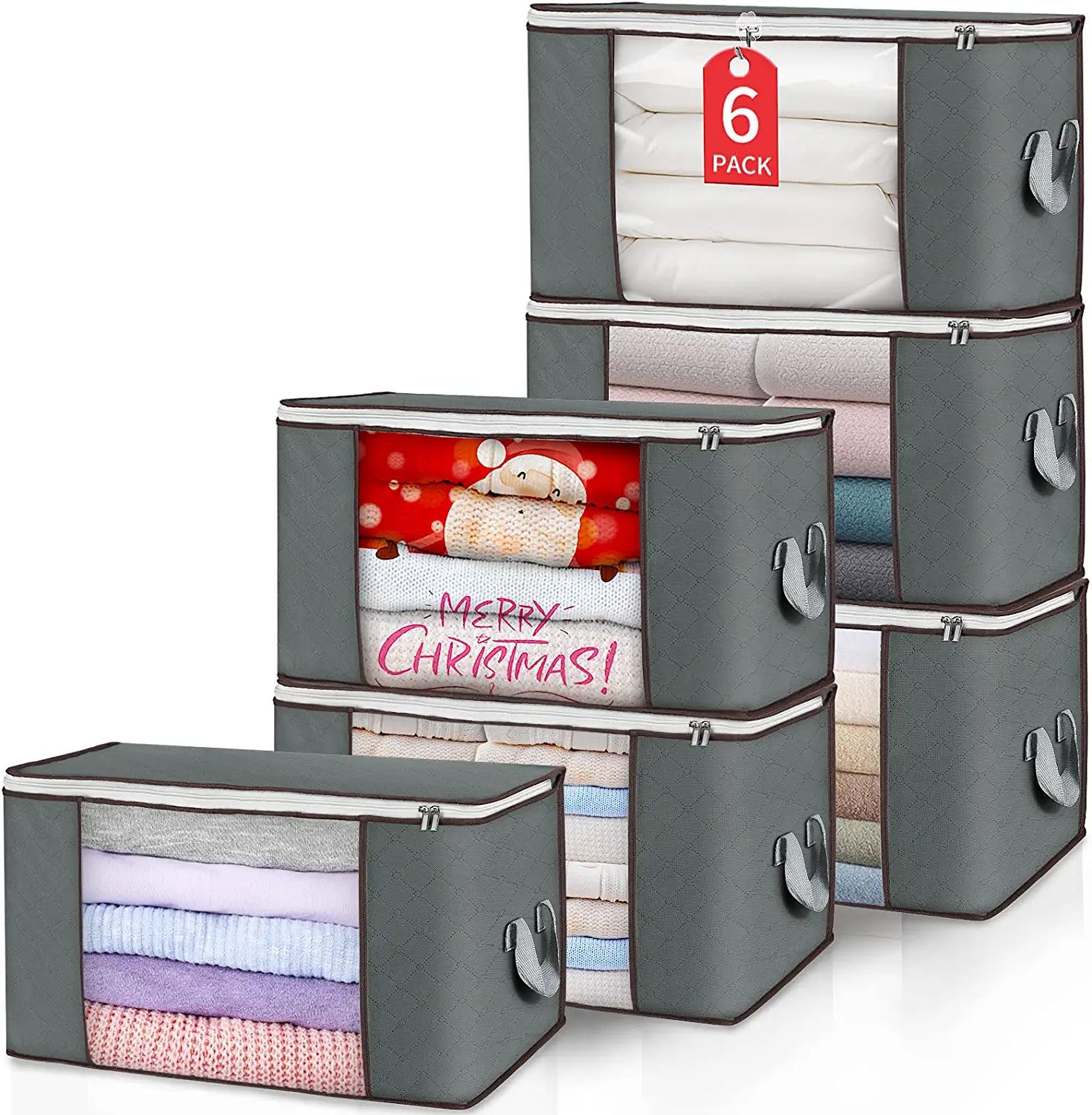 90L Large Storage Bags, 6 Pack Clothes Storage Bins Foldable Closet Organizer Storage Containers with Durable Handles Thick Fabric for Clothing, Blanket, Comforters, Bed Sheets, Pillows and Toys (Gray)