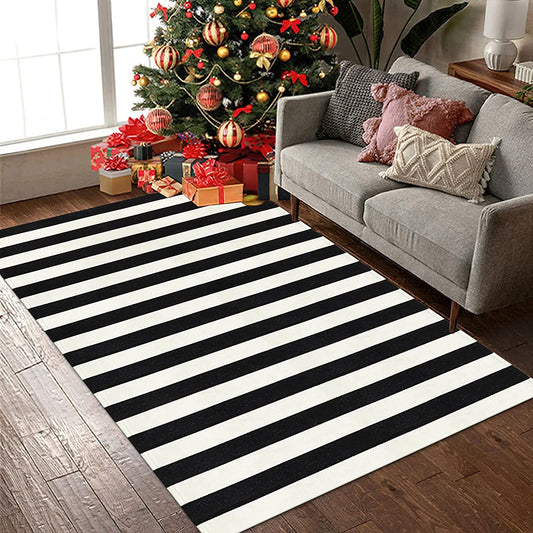 Black and White Indoor Outdoor Rug, 5’X8’ Cotton Striped Patios Area Rug Soft Woven Washable Farmhouse Durable Carpet Mat for Clearance Bedroom Living Room Balcony Playroom Decor