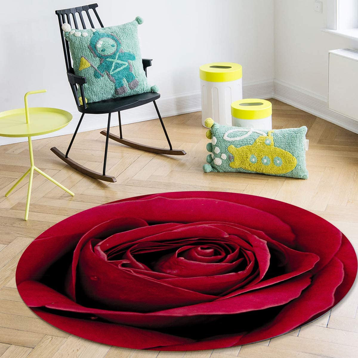 Area Rug 3.3Ft Round, Red Rose Flower Plant Kitchen Rugs Non Skid Area Indoor Floor Mat for Living Room, Bedroom