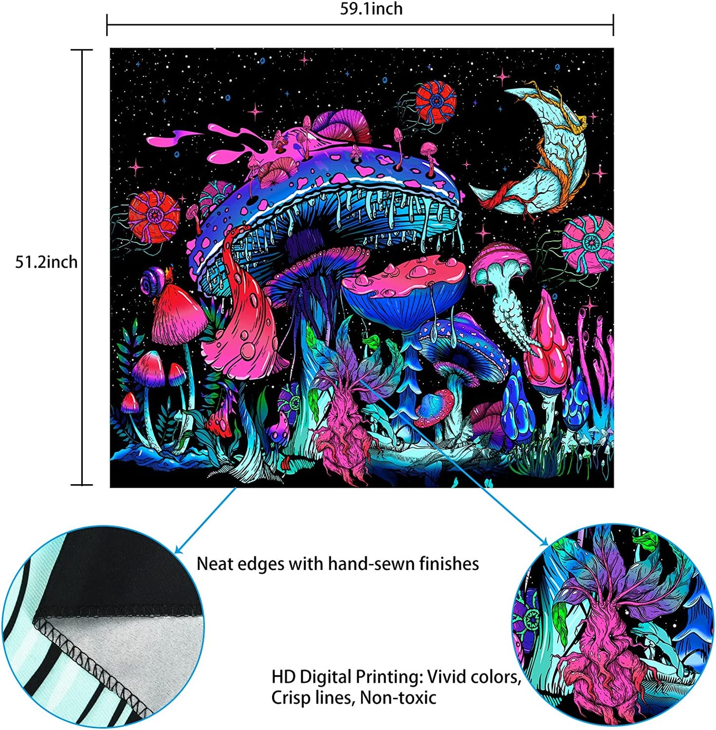 Mushroom Tapestry Moon and Stars Tapestries Plants Tapestry Starry Night Sky Tapestry Monster Tapestry Wall Hanging for Room (51.2 × 59.1 Inches)