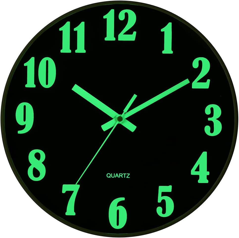 Modern Night Light Wall Clock, 12 Inch Silent Non-Ticking Quartz Wall Clocks, Large Luminous Function Numbers and Hands, Battery Operated Decorative Wall Clock for Office, Kitchen, Living Room