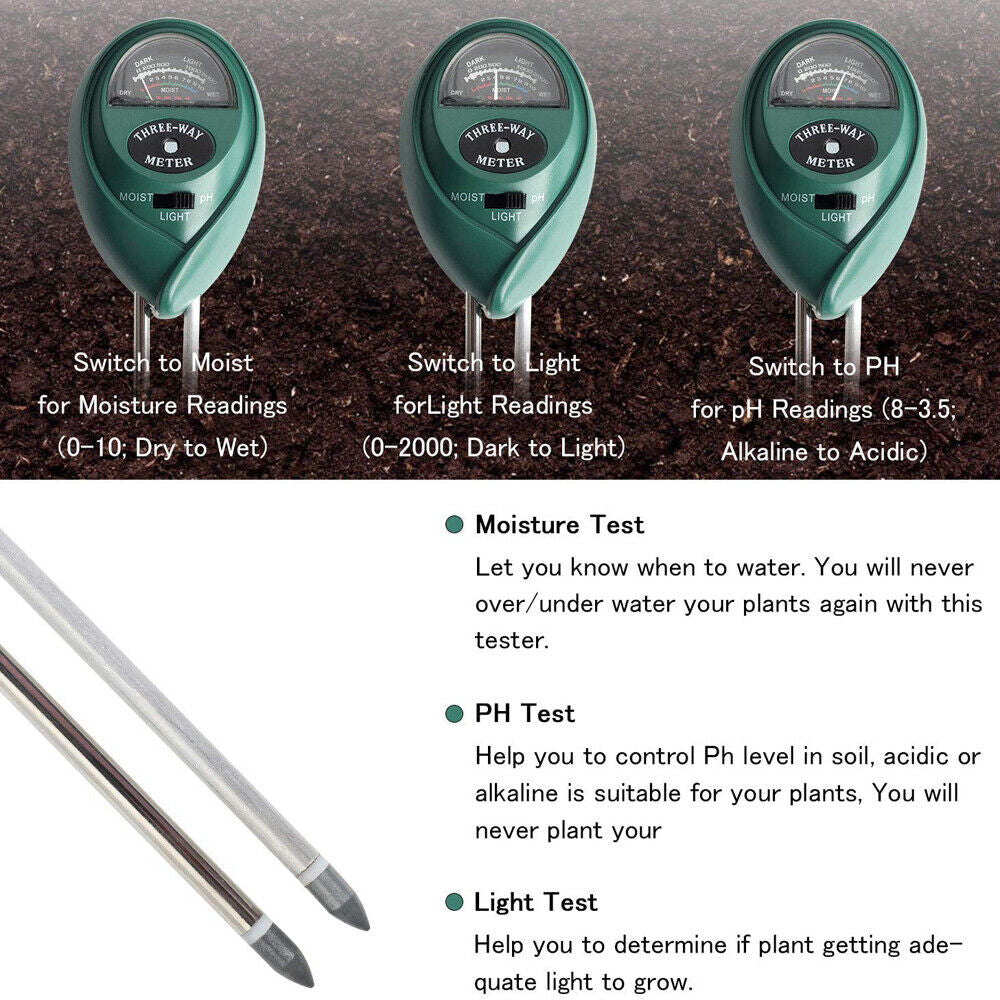 3 in 1 Soil Moister Tester Water Ph Light Test Meter Kit Gardening Grass Plants