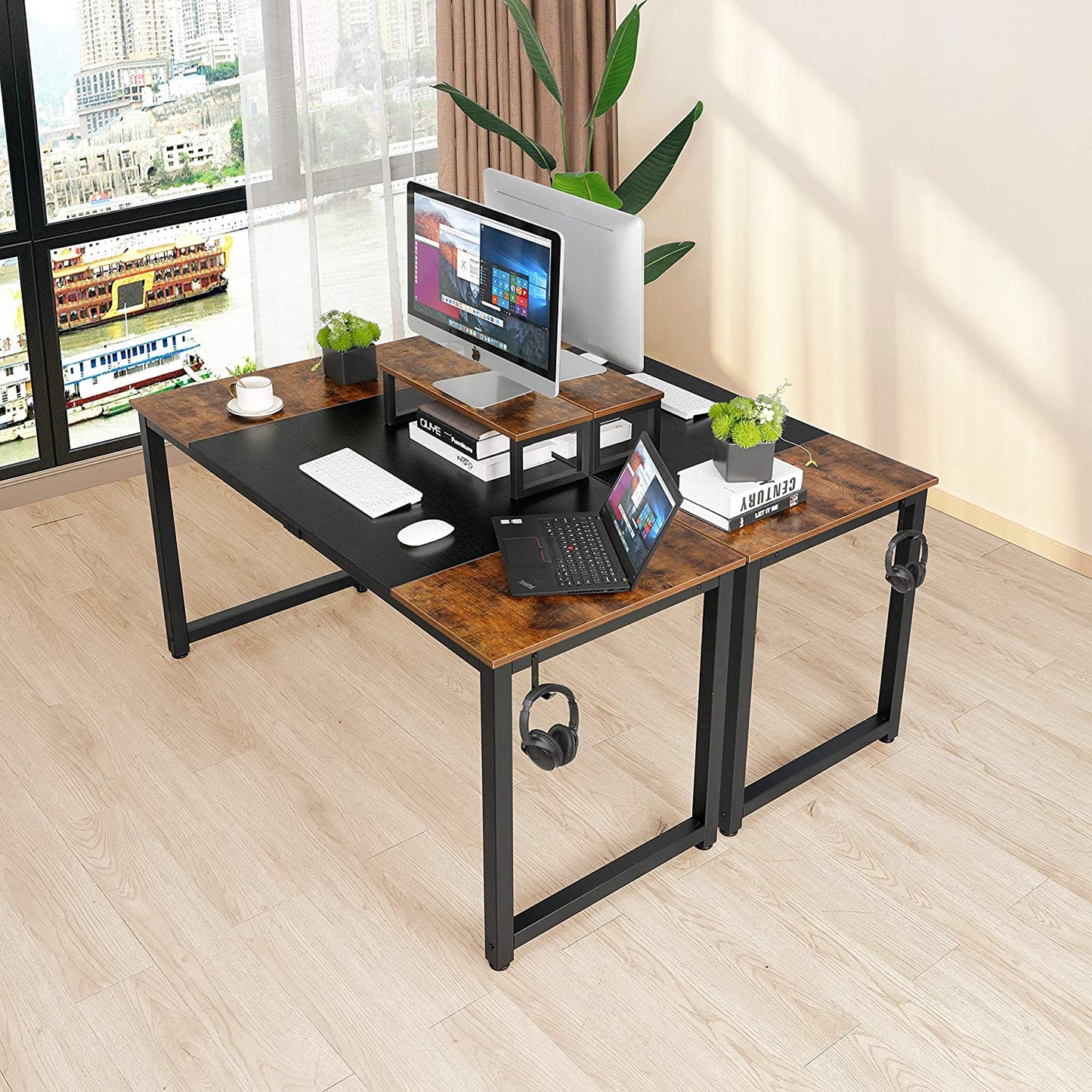 55 Inch Computer Desk, Home Office Desk, Large Writing Study Table with Splice Board, Morden Laptop Table with Monitor Stand, Headphone Hook, Extra Strong Legs (Black + Rustic Brown)