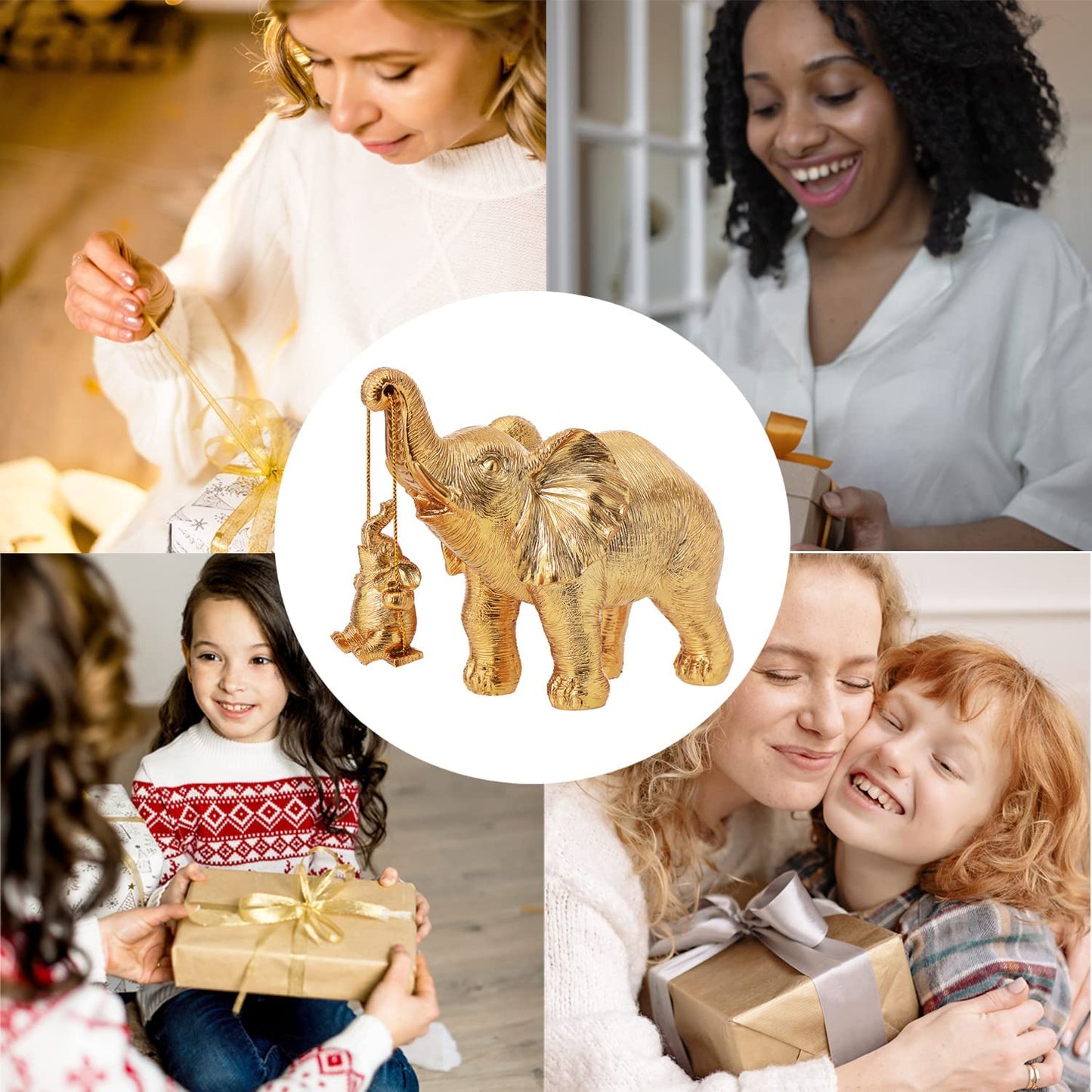 Gold Elephant Decor, Mother Elephant Statue Figurines for Home Decorations Gifts for Women