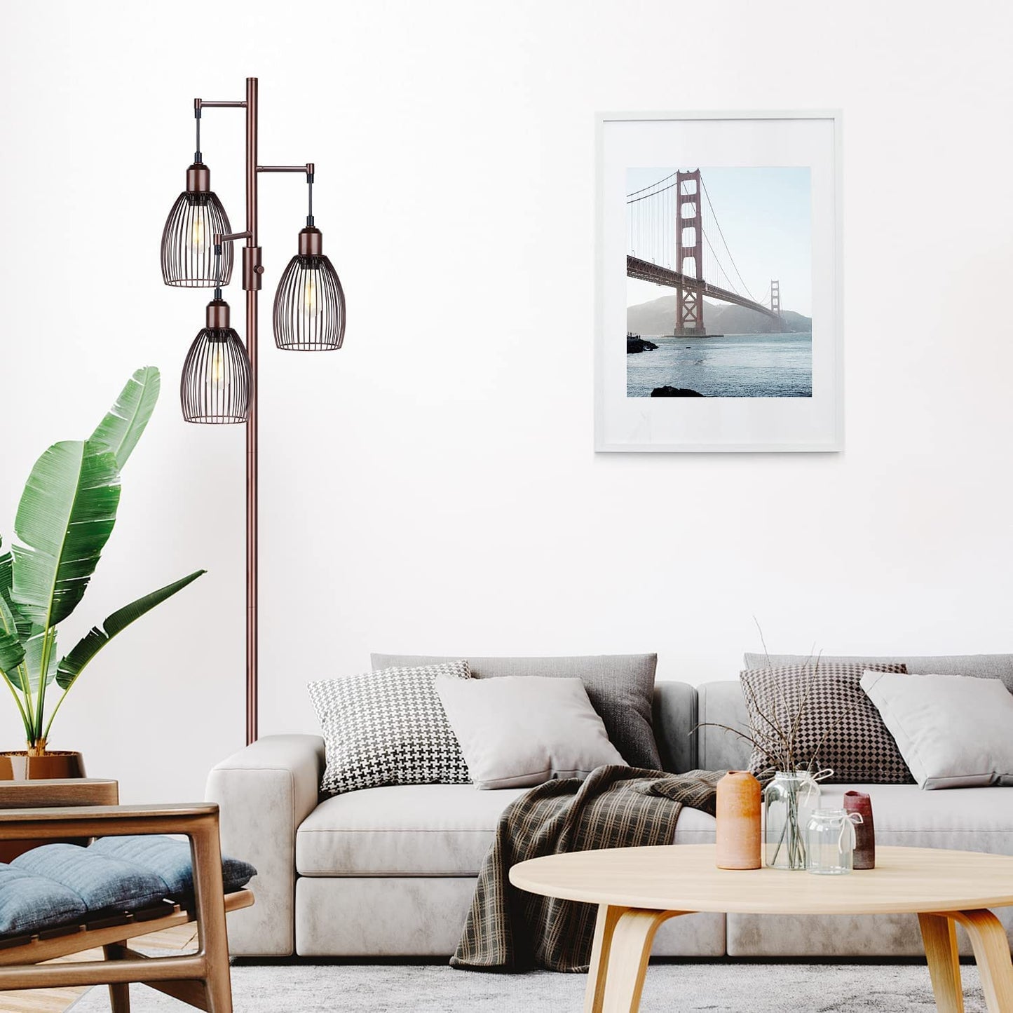 Industrial Floor Lamps for Living Room, Brown Tree Lamp with 6W LED Bulbs for Living Room Office Bederoom