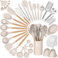 Silicone Cooking Utensils Set, 43Pcs Non-Stick Heat Resistant Kitchen Utensils Spatula Set with Wooden Handle for Baking, Cooking, and Mixing, Best Kitchen Gadgets Tools with Holder (Khaki)