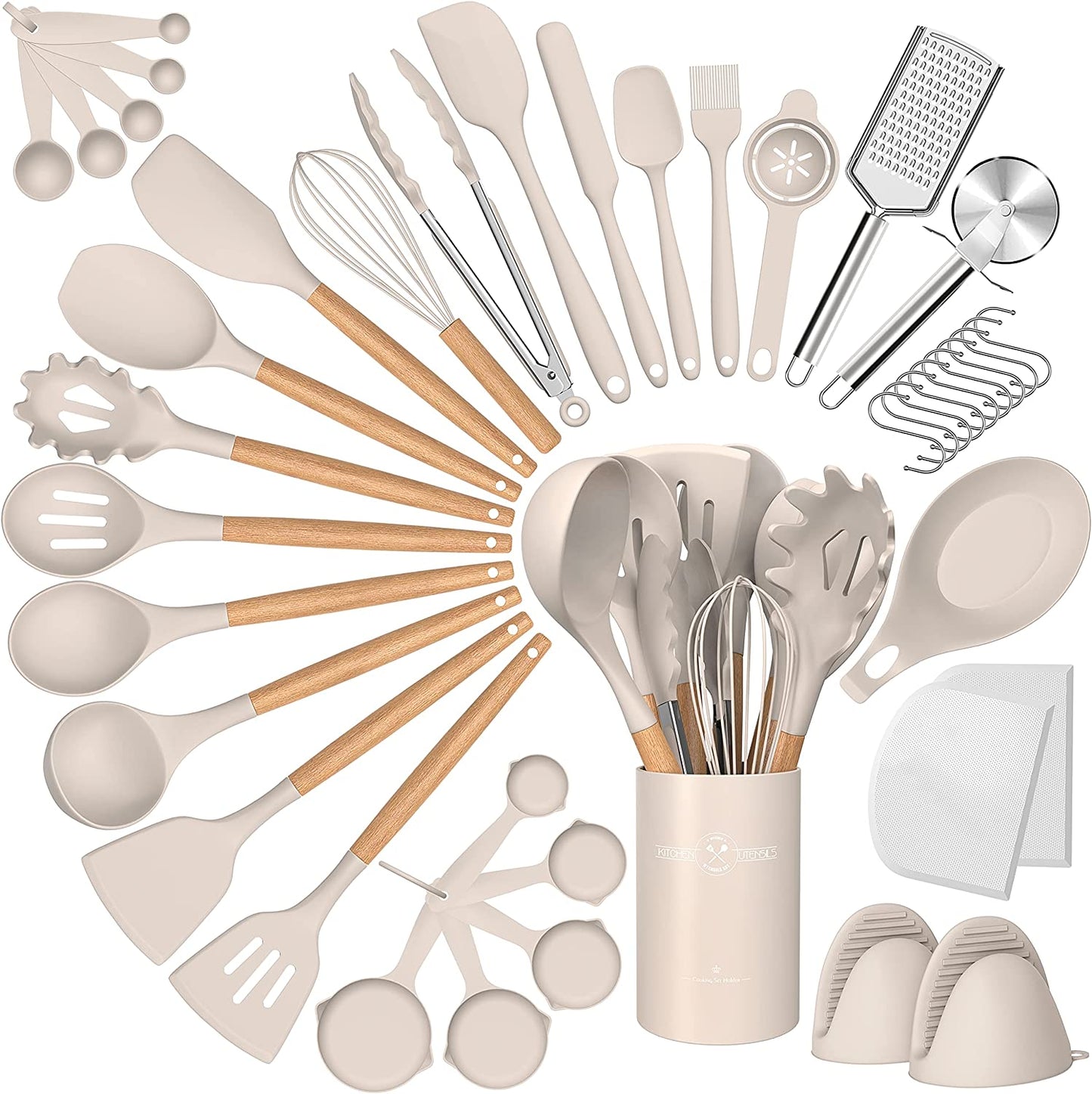 Silicone Cooking Utensils Set, 43Pcs Non-Stick Heat Resistant Kitchen Utensils Spatula Set with Wooden Handle for Baking, Cooking, and Mixing, Best Kitchen Gadgets Tools with Holder (Khaki)
