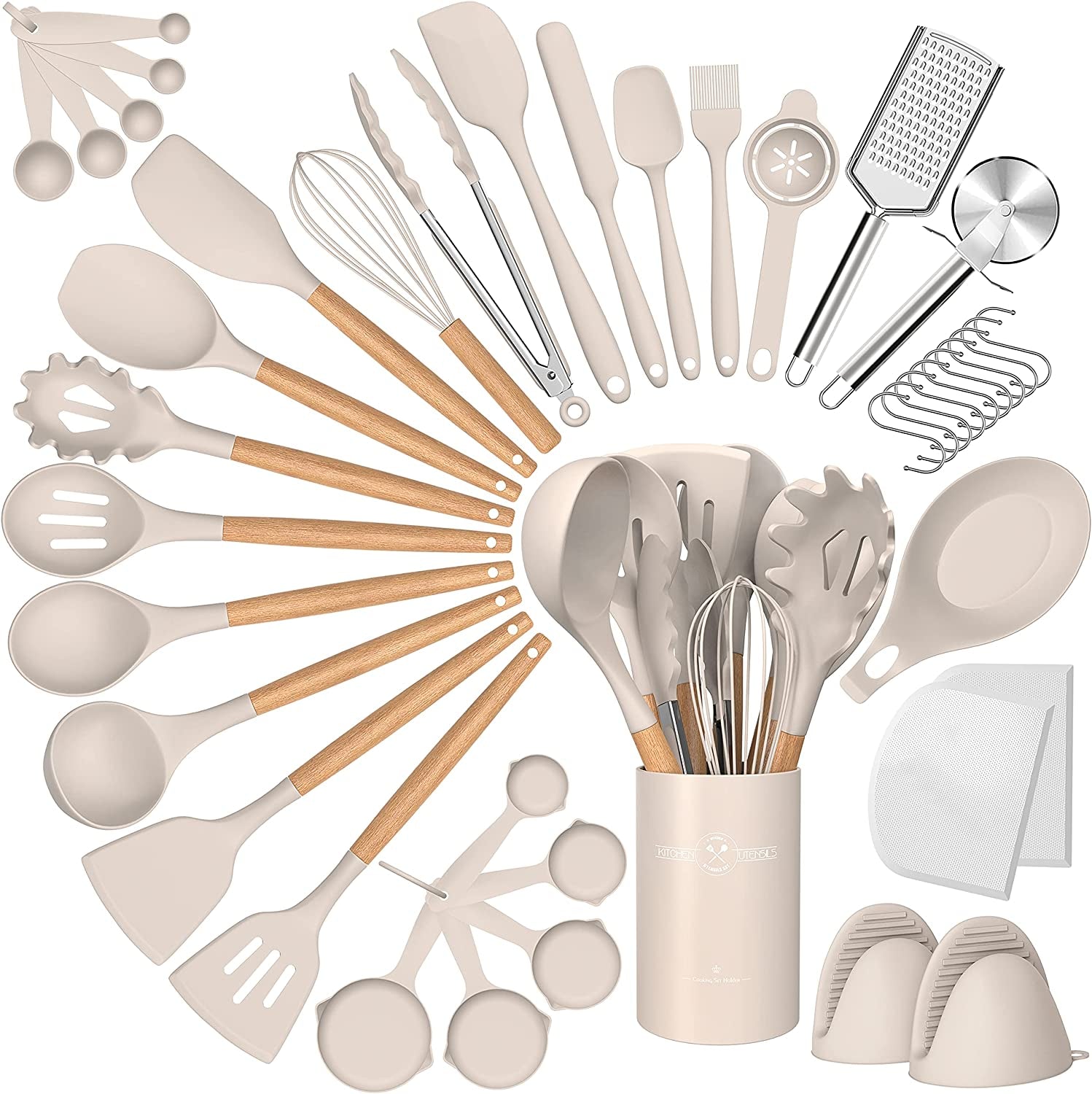 Silicone Cooking Utensils Set, 43Pcs Non-Stick Heat Resistant Kitchen Utensils Spatula Set with Wooden Handle for Baking, Cooking, and Mixing, Best Kitchen Gadgets Tools with Holder (Khaki)