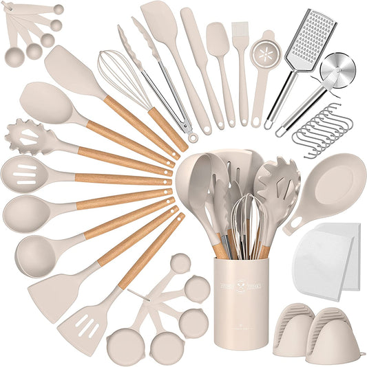 Silicone Cooking Utensils Set, 43Pcs Non-Stick Heat Resistant Kitchen Utensils Spatula Set with Wooden Handle for Baking, Cooking, and Mixing, Best Kitchen Gadgets Tools with Holder (Khaki)