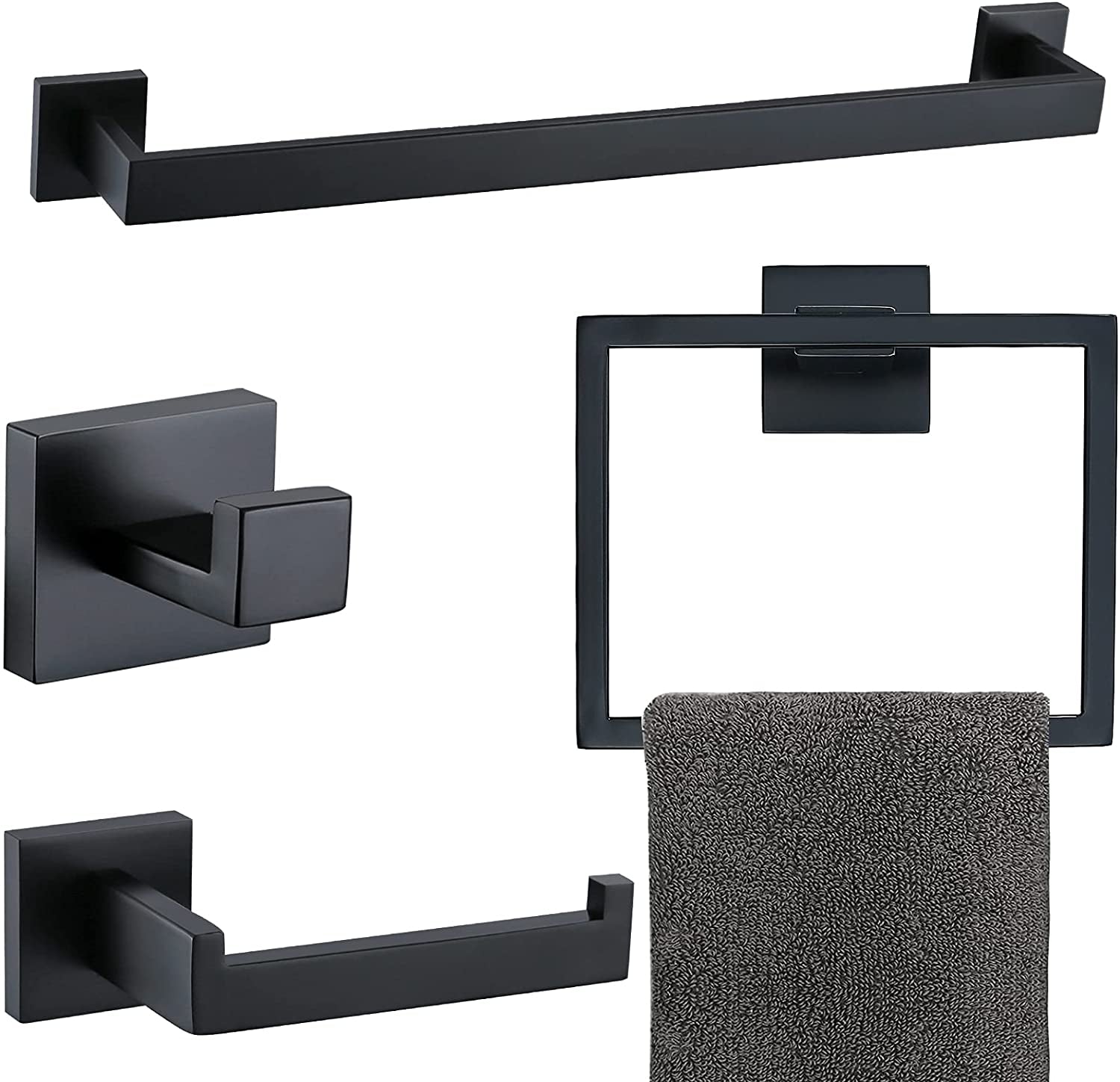 Bathroom Towel Bar Sets Matte Black 4-Piece Bathroom Hardware Set Stainless Steel Bath Accessories Kit. Wall Mounted,23.6 Inch