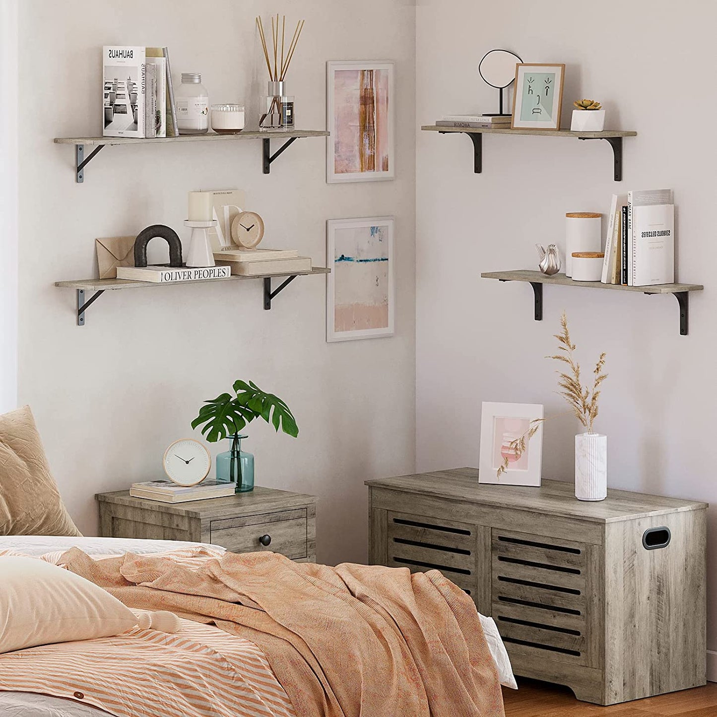 Long Wall Shelves, 31.5 Inch Wall Mounted Shelves Set of 2, Easy-To-Install, Wall Storage Ledges with Sturdy Metal Brackets for Living Room, Bathroom, Bedroom, Kitchen, Grey Wash